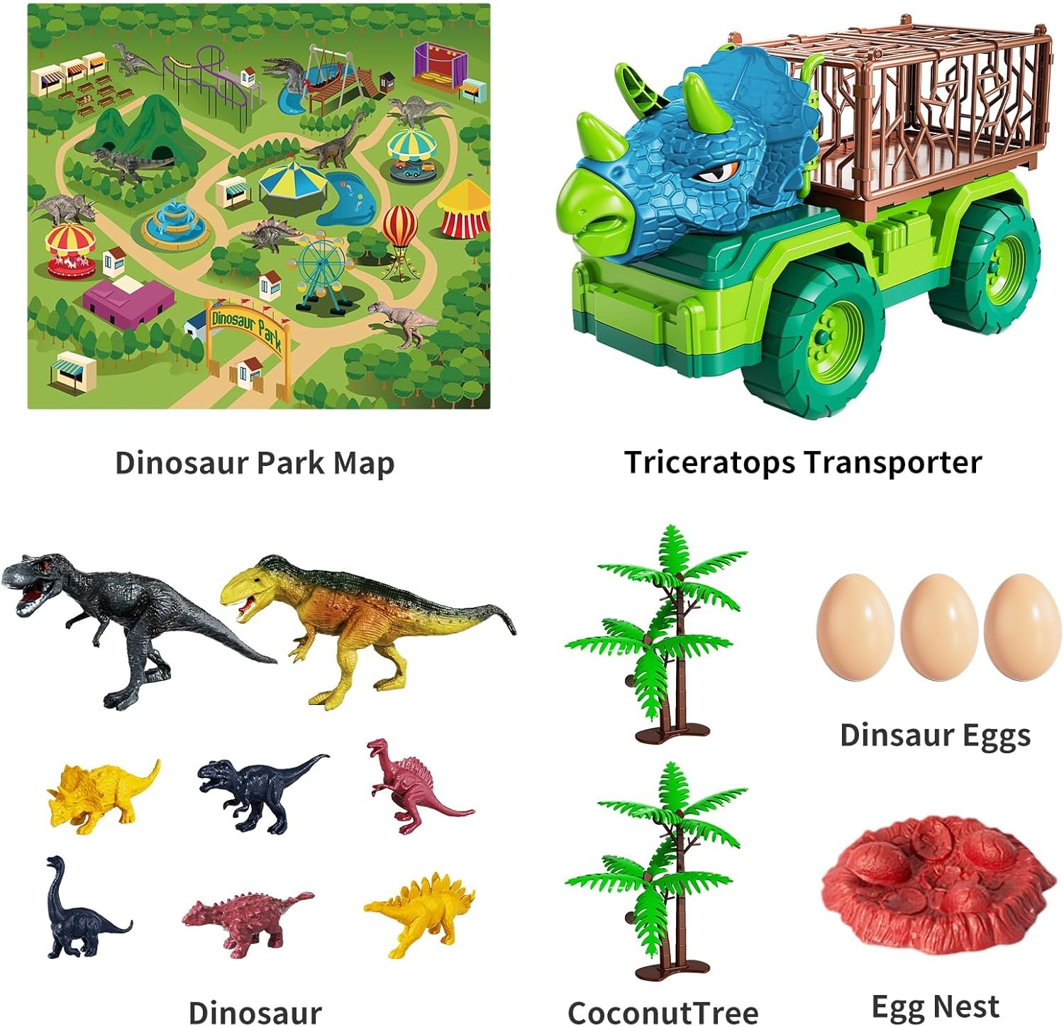 Dinosaur Transport Truck Playset - Triceratops Carrier with 12 Dinosaurs, Openable Cage & Park Map