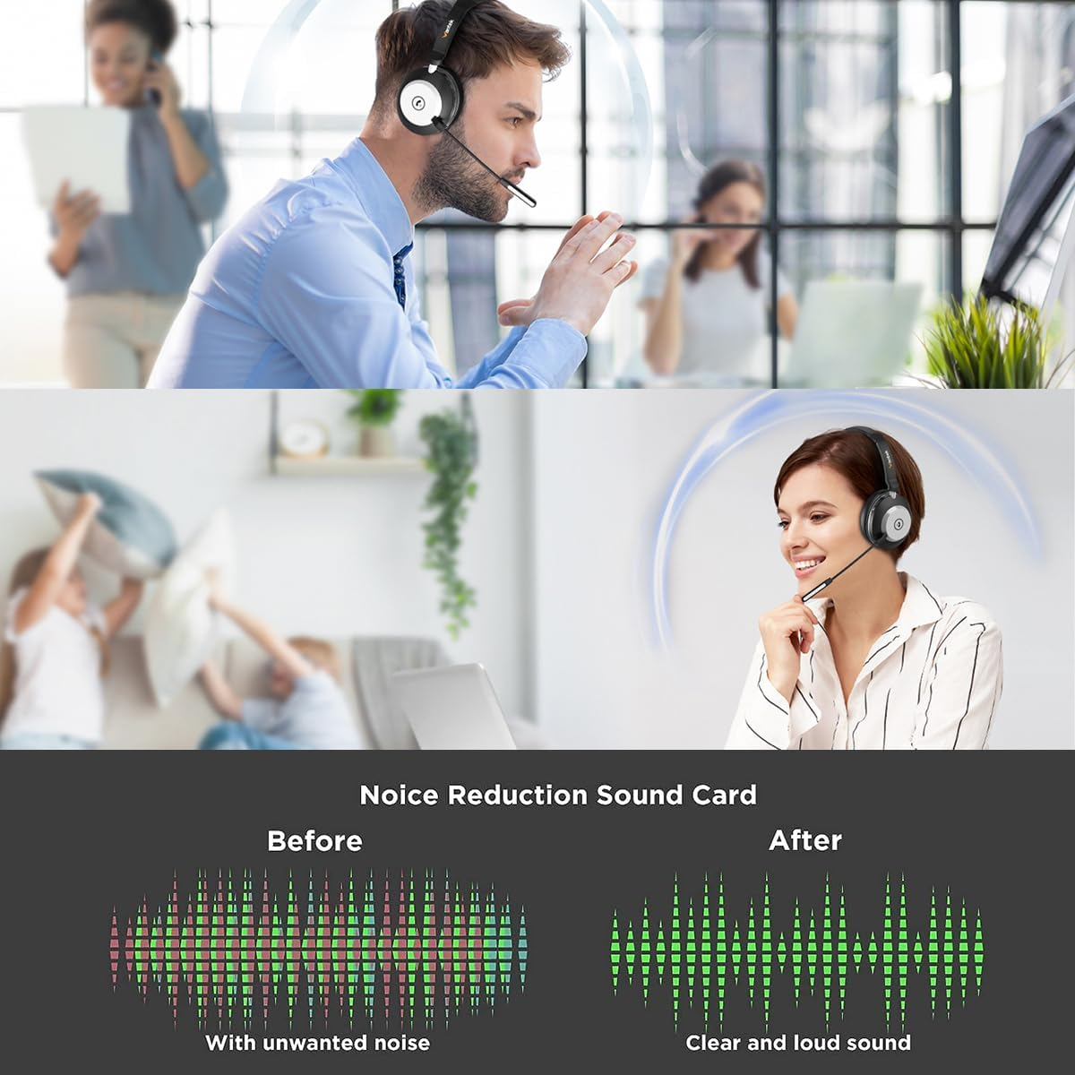 Wireless Headset with Charging Stand - Noise Cancelling Bluetooth Headset with Microphone for PC, Office, Home & Video Conferencing