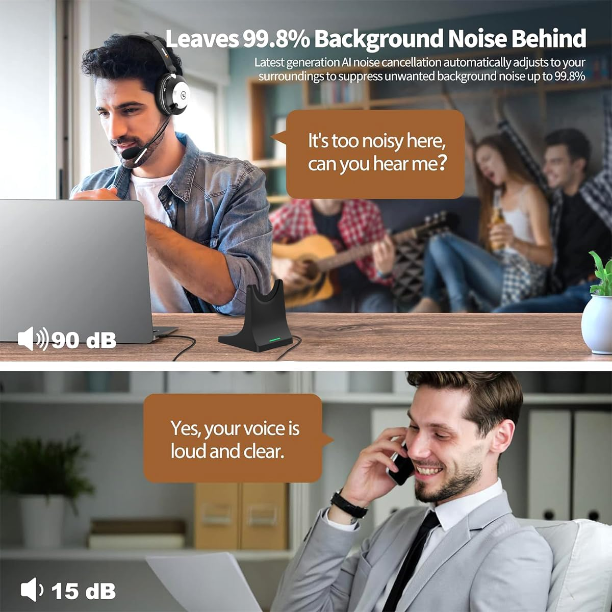 Wireless Headset with Charging Stand - Noise Cancelling Bluetooth Headset with Microphone for PC, Office, Home & Video Conferencing