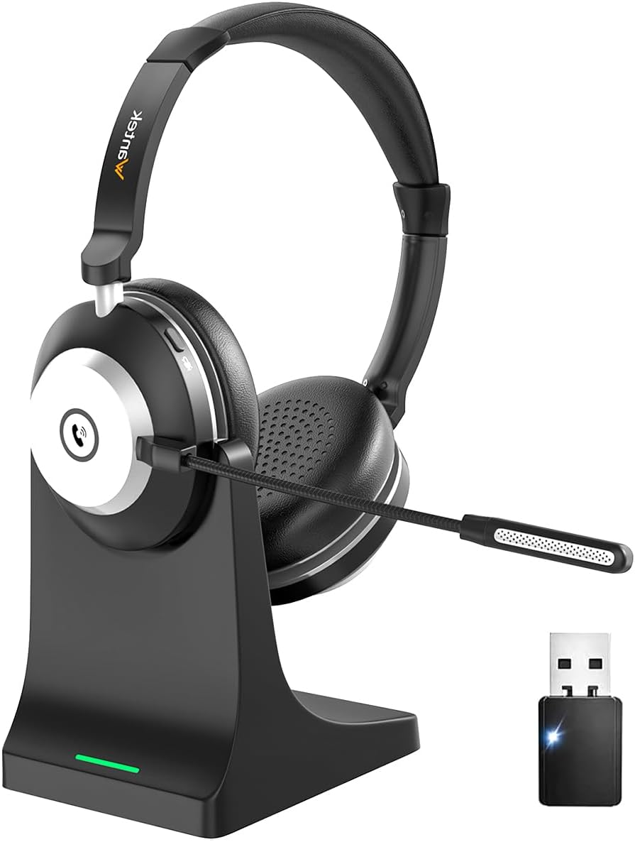 Wireless Headset with Charging Stand - Noise Cancelling Bluetooth Headset with Microphone for PC, Office, Home & Video Conferencing