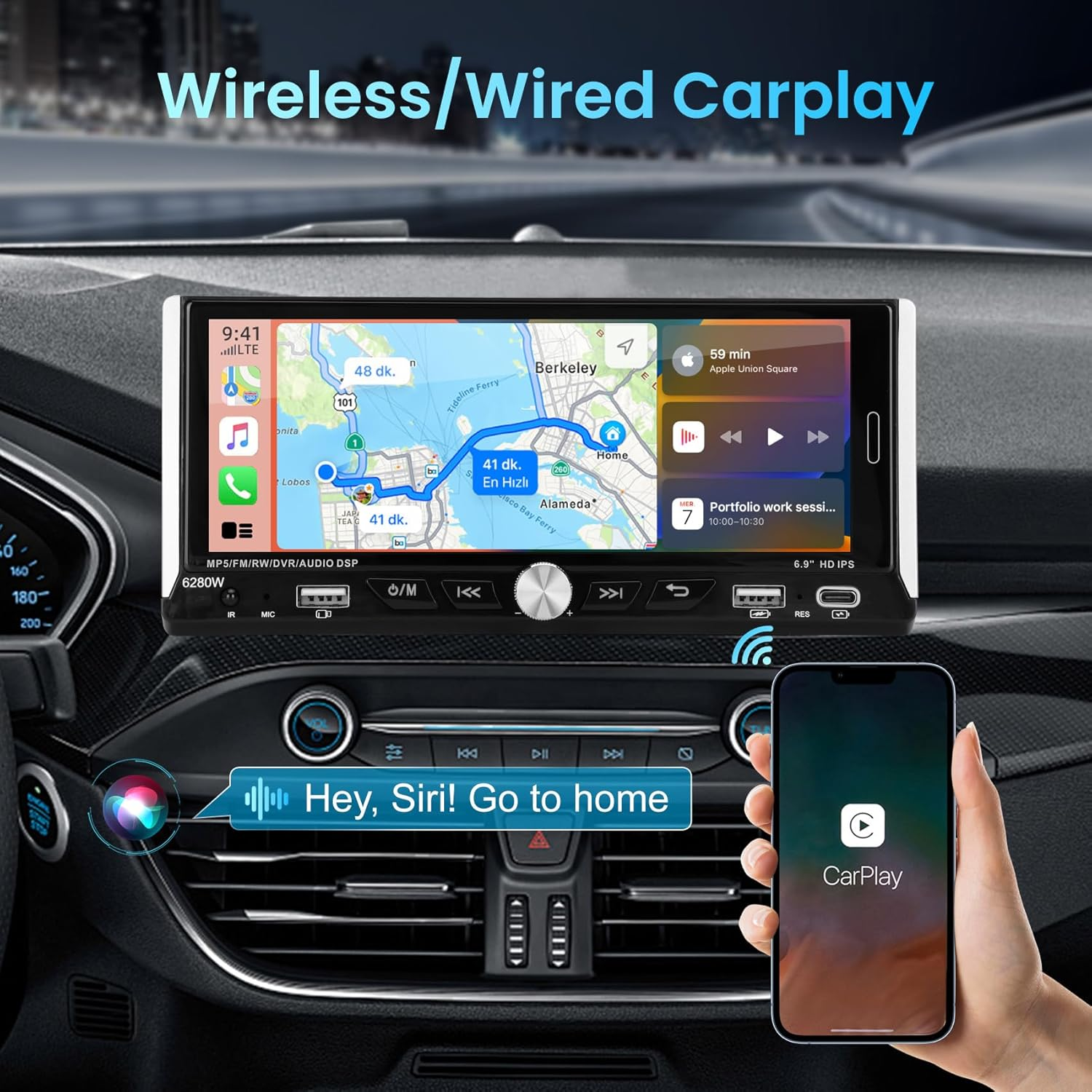 6.9" Wireless CarPlay Car Stereo - Double Din Apple CarPlay & Android Auto Touchscreen Radio with Backup Camera, Bluetooth, FM/AM, 6280W