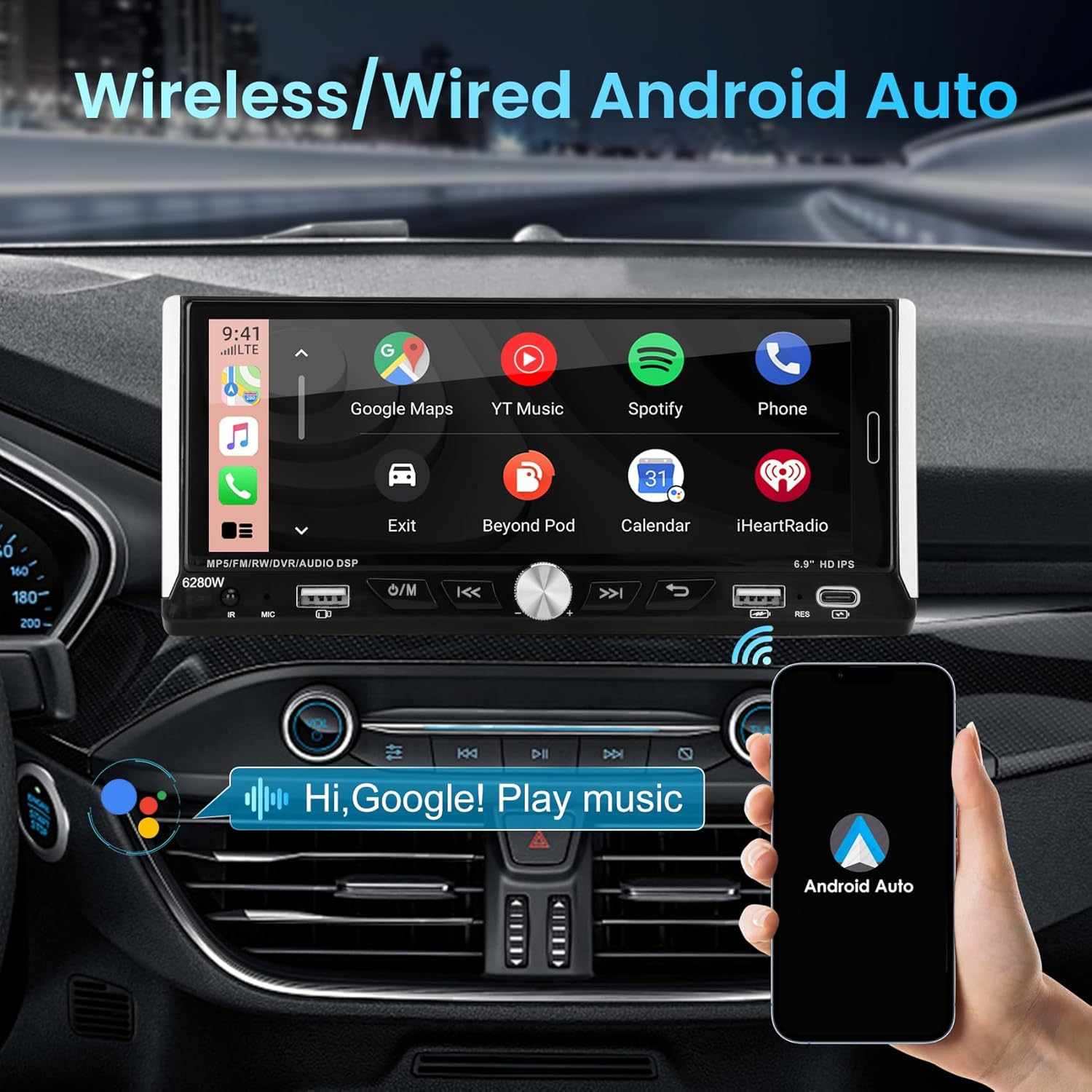 6.9" Wireless CarPlay Car Stereo - Double Din Apple CarPlay & Android Auto Touchscreen Radio with Backup Camera, Bluetooth, FM/AM, 6280W
