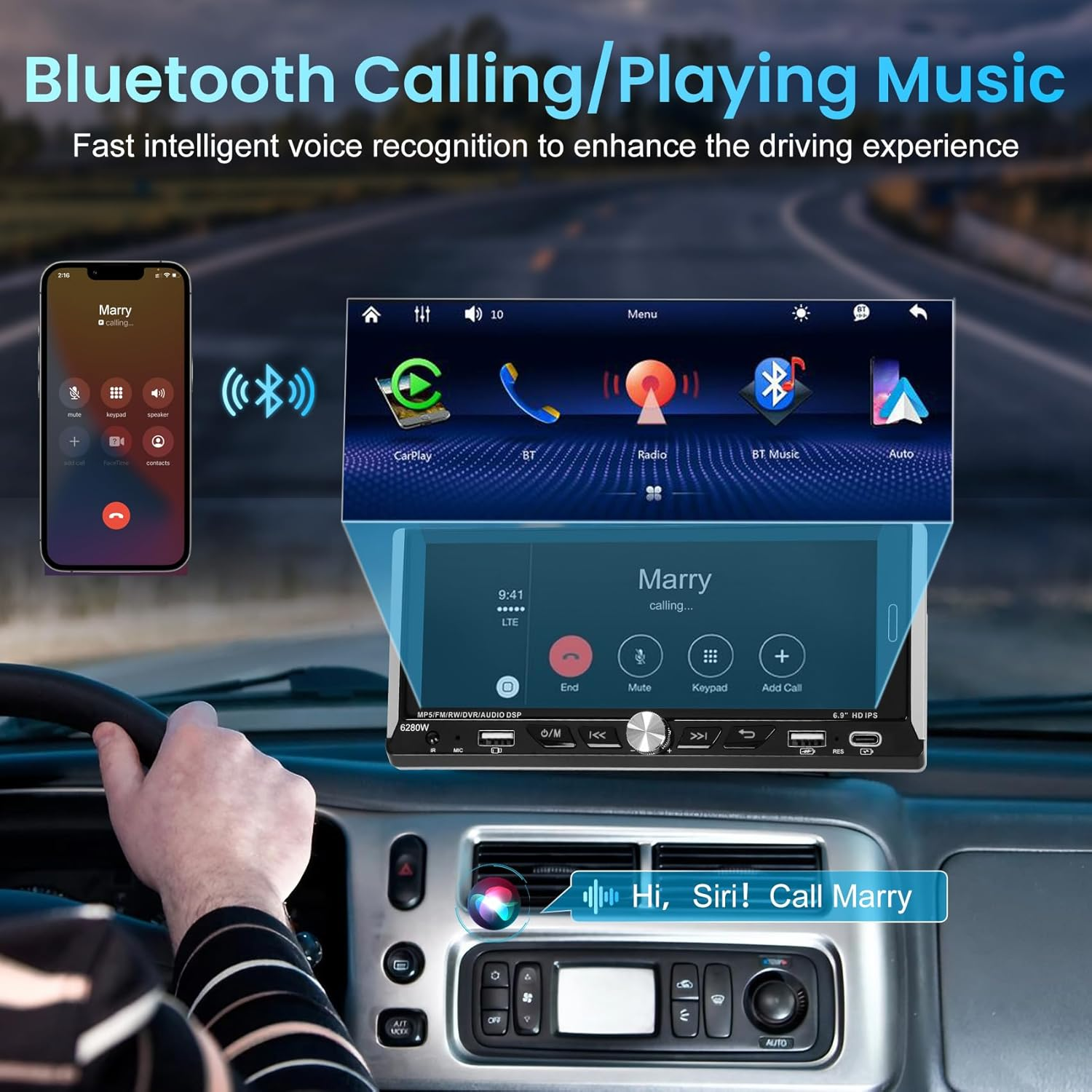6.9" Wireless CarPlay Car Stereo - Double Din Apple CarPlay & Android Auto Touchscreen Radio with Backup Camera, Bluetooth, FM/AM, 6280W