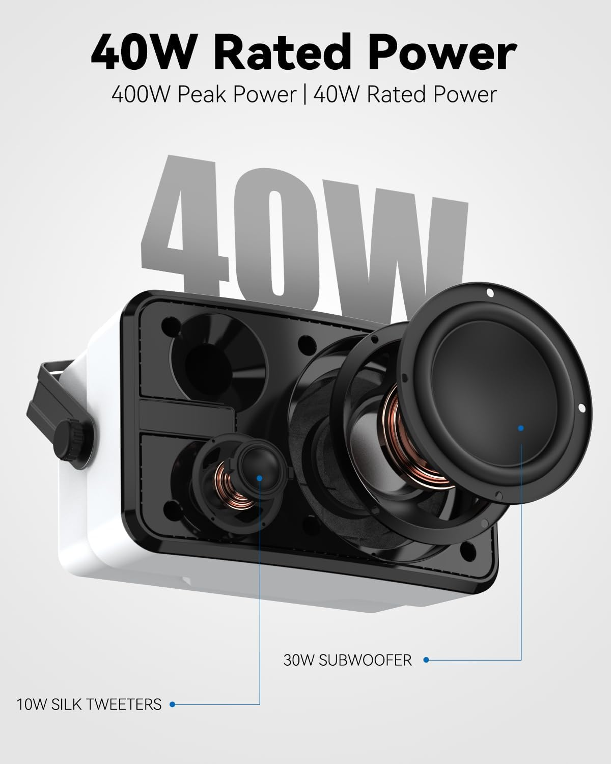 Wireless Bluetooth Wall Mount Speakers - 40W Stereo System Set of 2 with Remote Control for Patio, Garage, Pool & Indoor/Outdoor Use