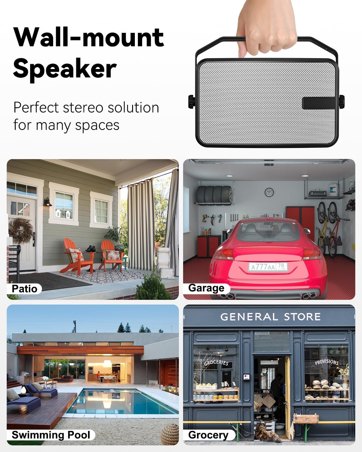 Wireless Bluetooth Wall Mount Speakers - 40W Stereo System Set of 2 with Remote Control for Patio, Garage, Pool & Indoor/Outdoor Use