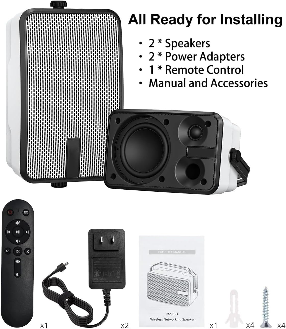 Wireless Bluetooth Wall Mount Speakers - 40W Stereo System Set of 2 with Remote Control for Patio, Garage, Pool & Indoor/Outdoor Use