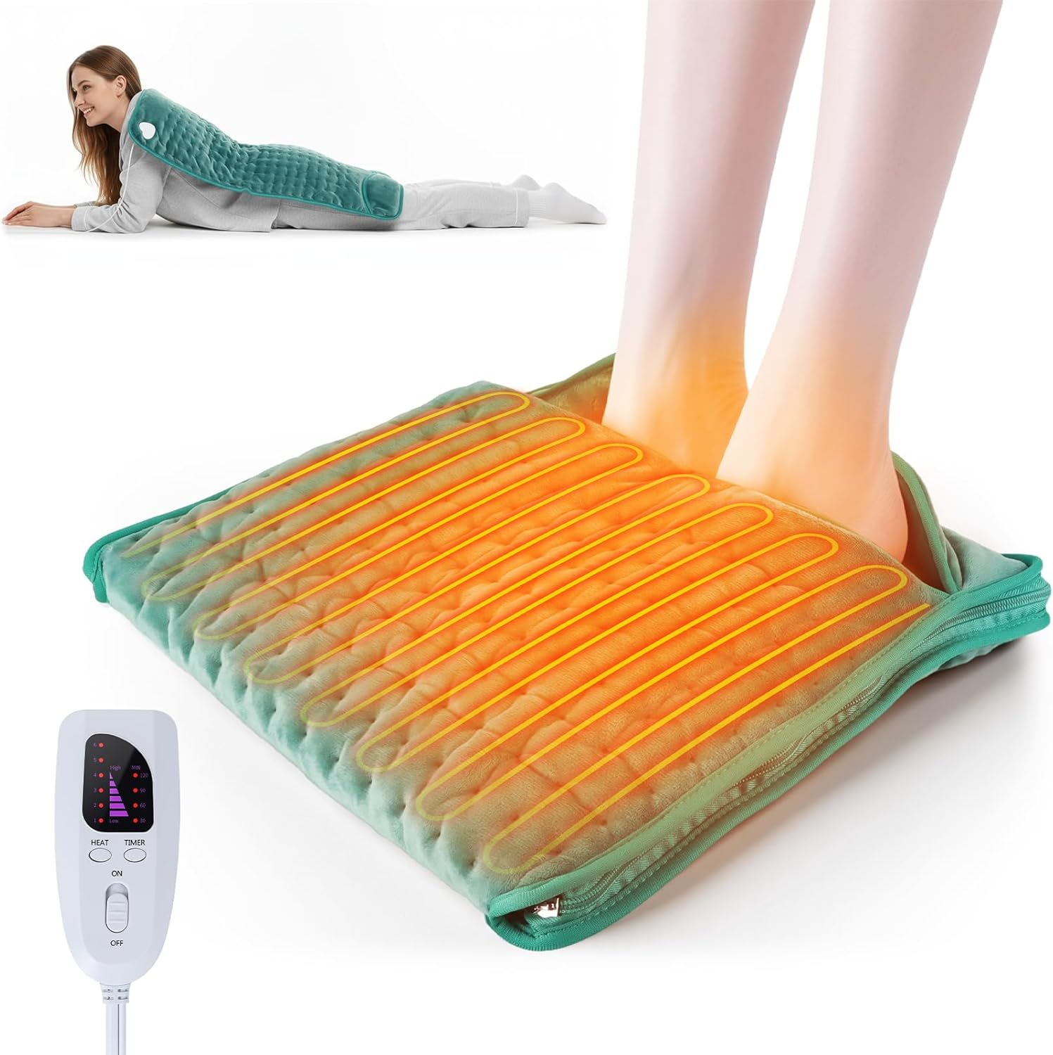 Electric Heated Foot Warmer Pad - 6 Temperature Settings & 4 Timer Options - Machine Washable Heating Pad for Feet, Legs, Back & Shoulders