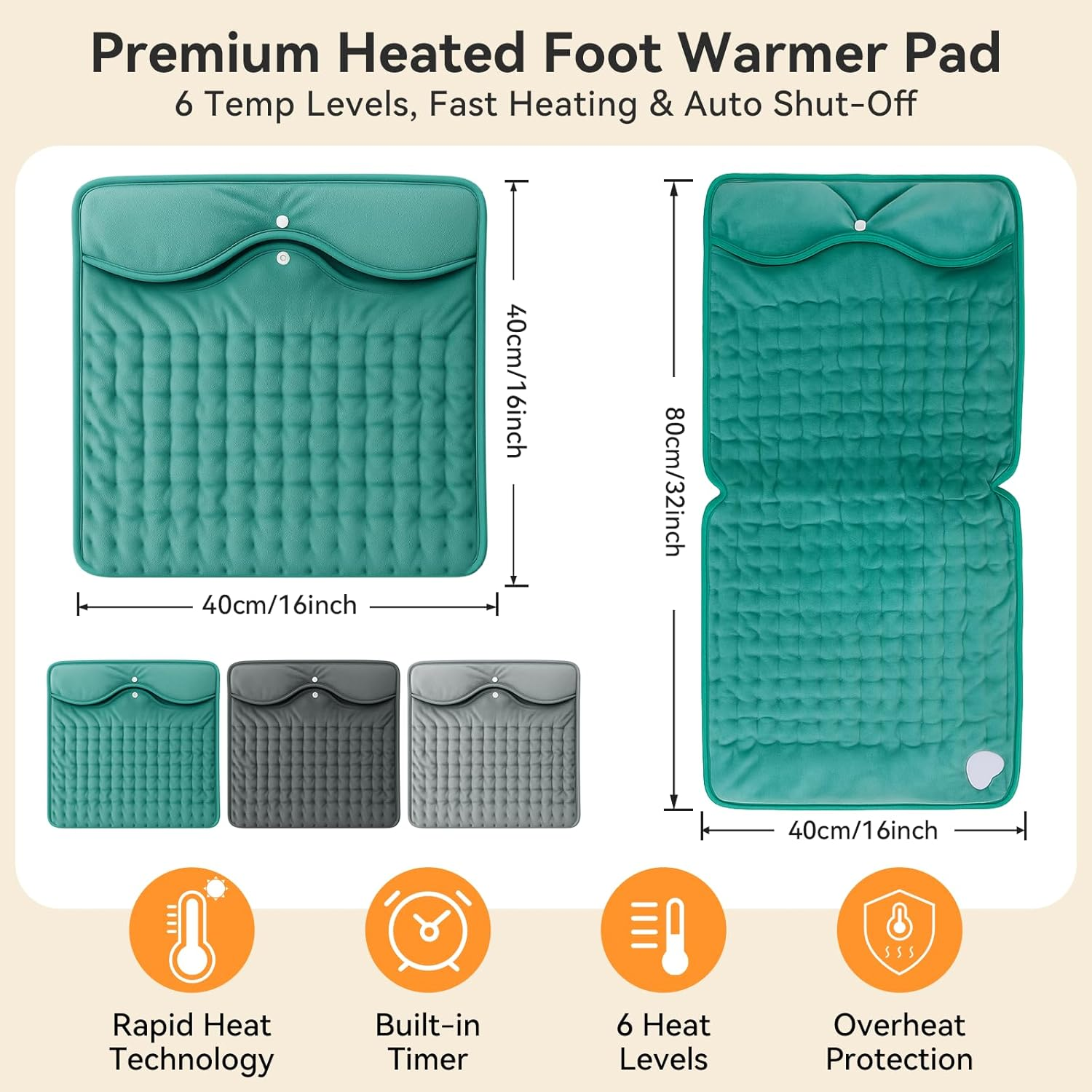 Electric Heated Foot Warmer Pad - 6 Temperature Settings & 4 Timer Options - Machine Washable Heating Pad for Feet, Legs, Back & Shoulders