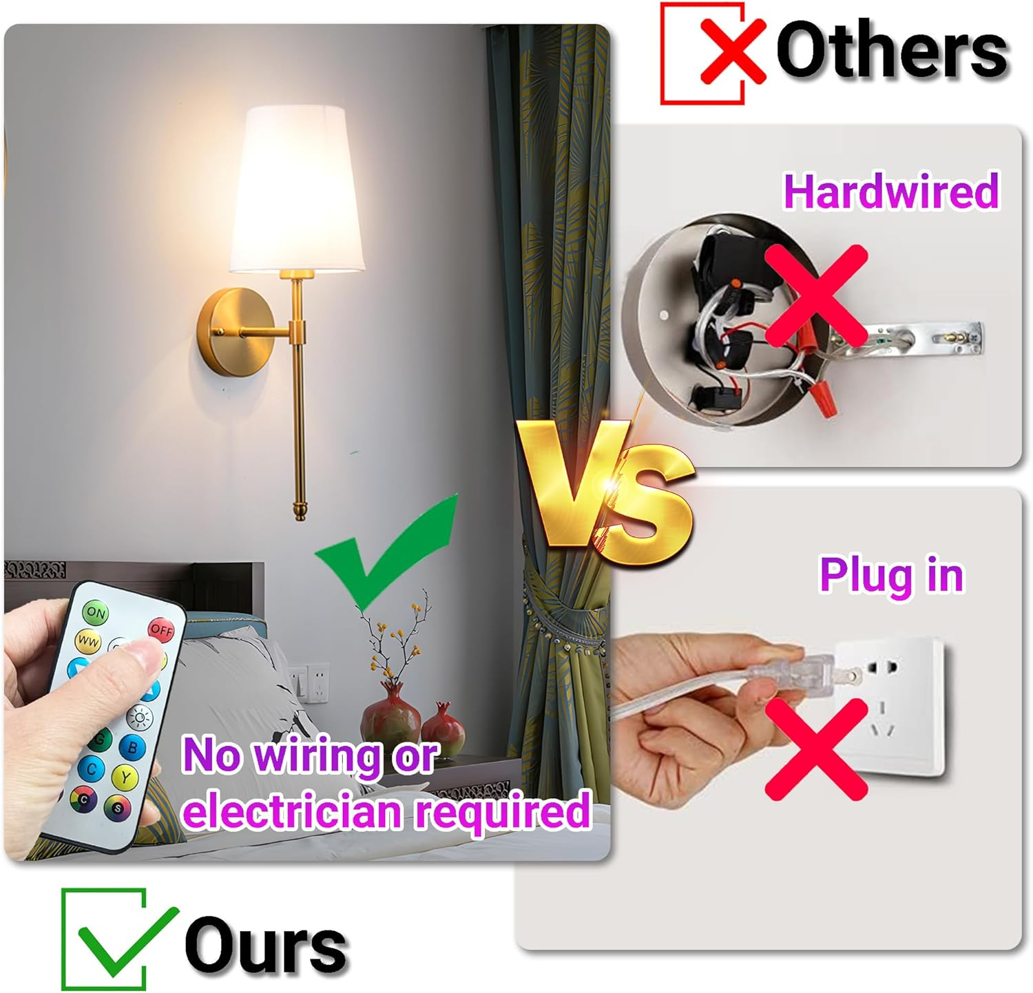 Modern Brass Wall Sconce with Fabric Shade - Gold Wall Light Fixture for Bedroom, Living Room & Hallway