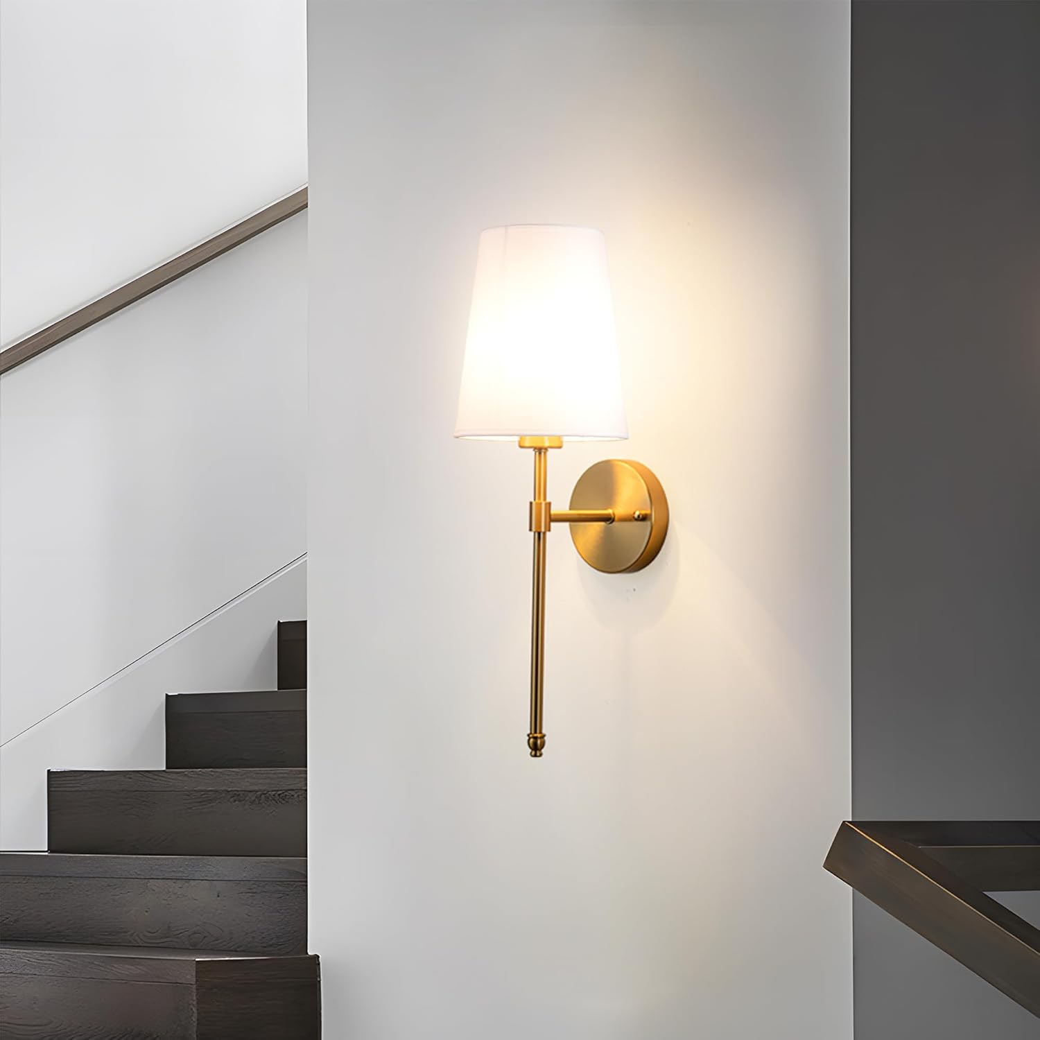 Modern Brass Wall Sconce with Fabric Shade - Gold Wall Light Fixture for Bedroom, Living Room & Hallway