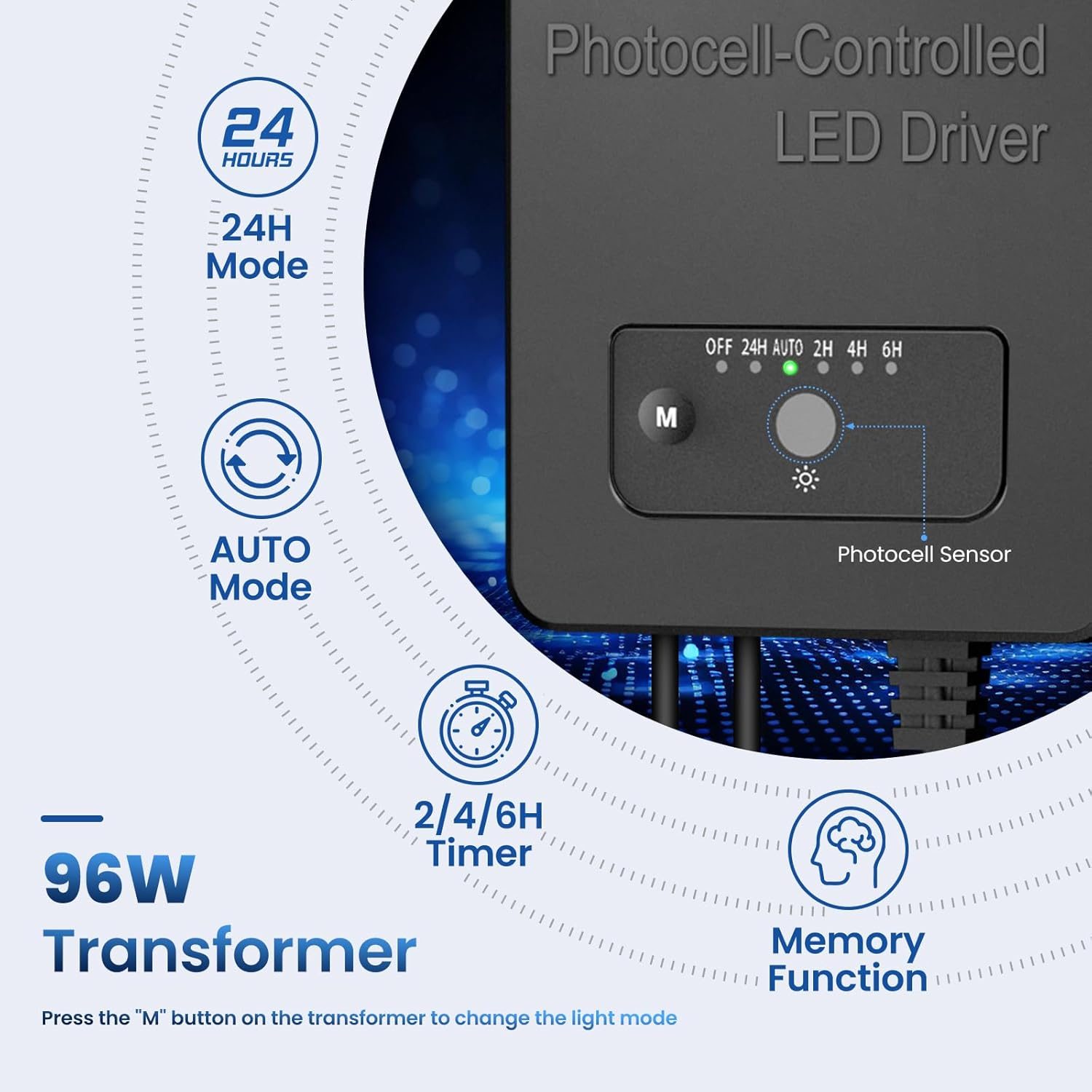 LED Landscape Bollard Light - 96W Photocell Controlled Pathway Light with 6 Color Modes & Timer (2200K-6500K)