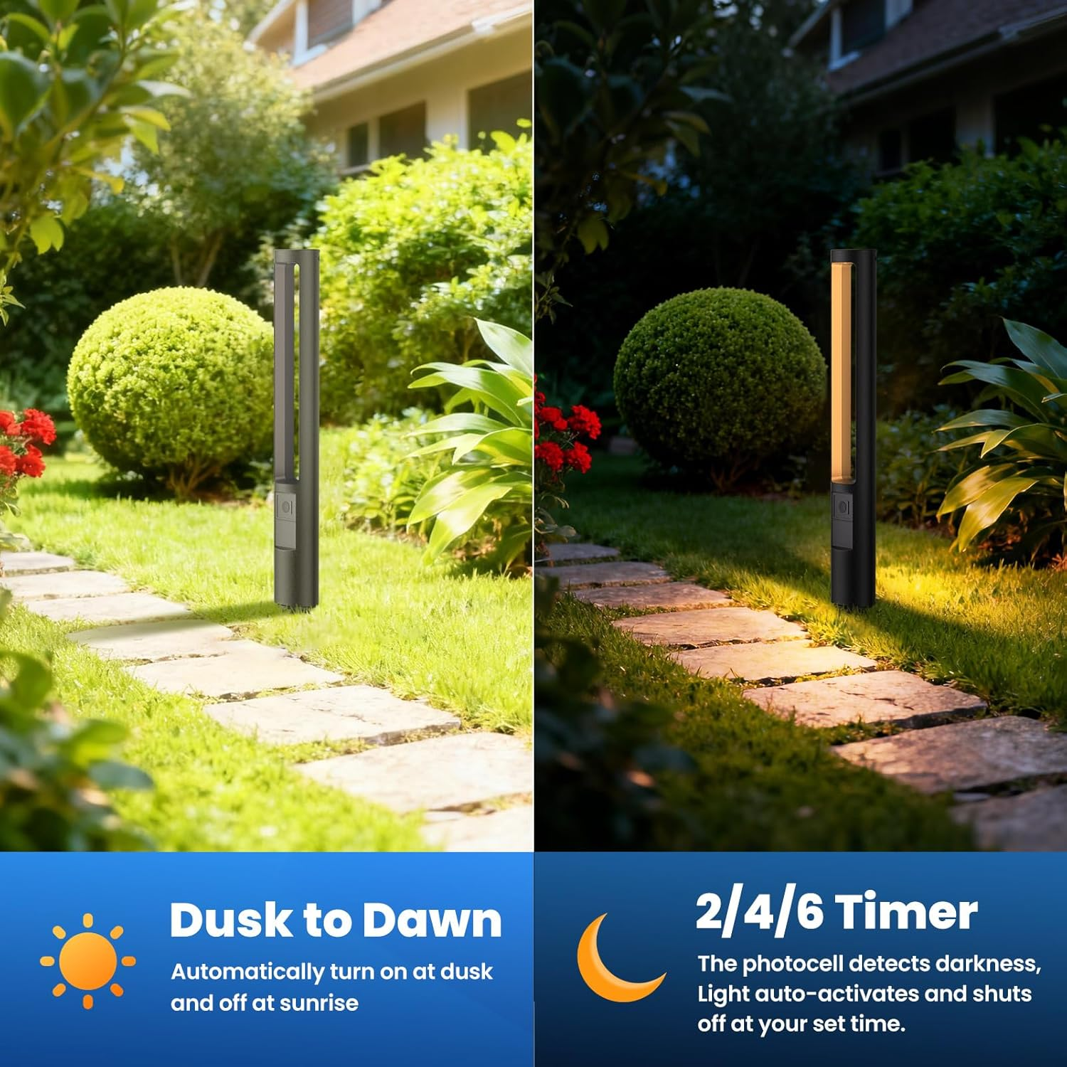 LED Landscape Bollard Light - 96W Photocell Controlled Pathway Light with 6 Color Modes & Timer (2200K-6500K)