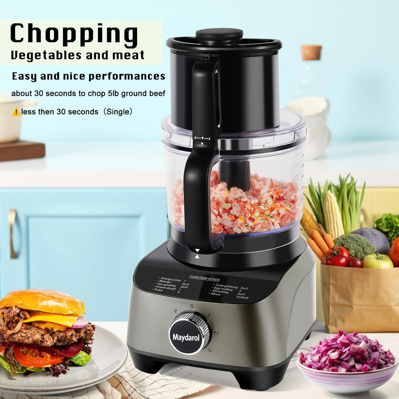 Food Processor - 8-Cup Multifunctional Electric Chopper with 3 Speed Settings, Dough Kneader & Meat Grinder