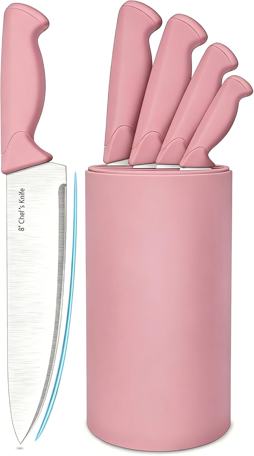 Pink Kitchen Knife Set with Block - 5-Piece High Carbon Stainless Steel Knives with Ergonomic Handles & Knife Holder