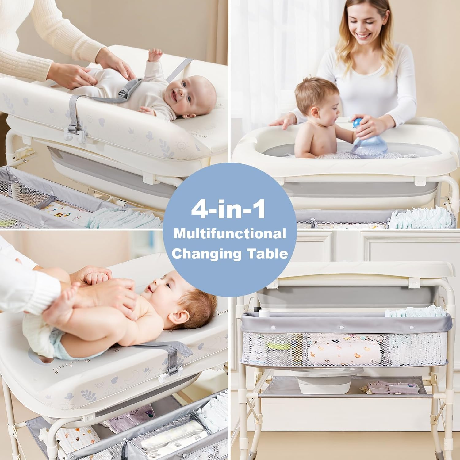 4-in-1 Baby Changing Table with Bathtub - Foldable Diaper Station, 4 Height Levels, Storage Basket
