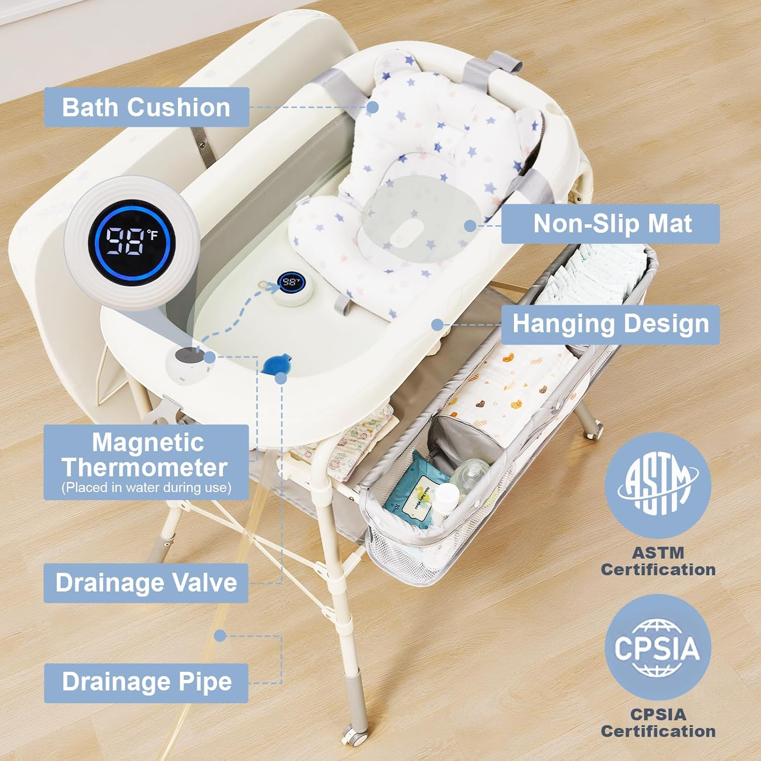 4-in-1 Baby Changing Table with Bathtub - Foldable Diaper Station, 4 Height Levels, Storage Basket