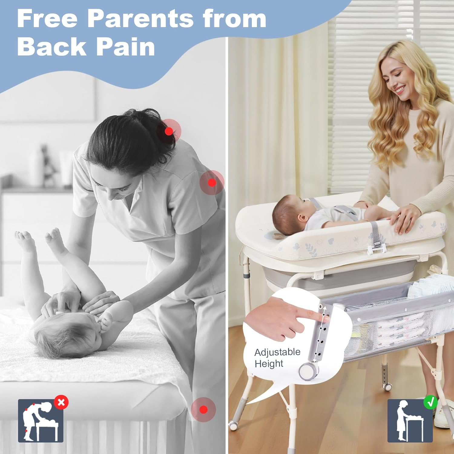 4-in-1 Baby Changing Table with Bathtub - Foldable Diaper Station, 4 Height Levels, Storage Basket