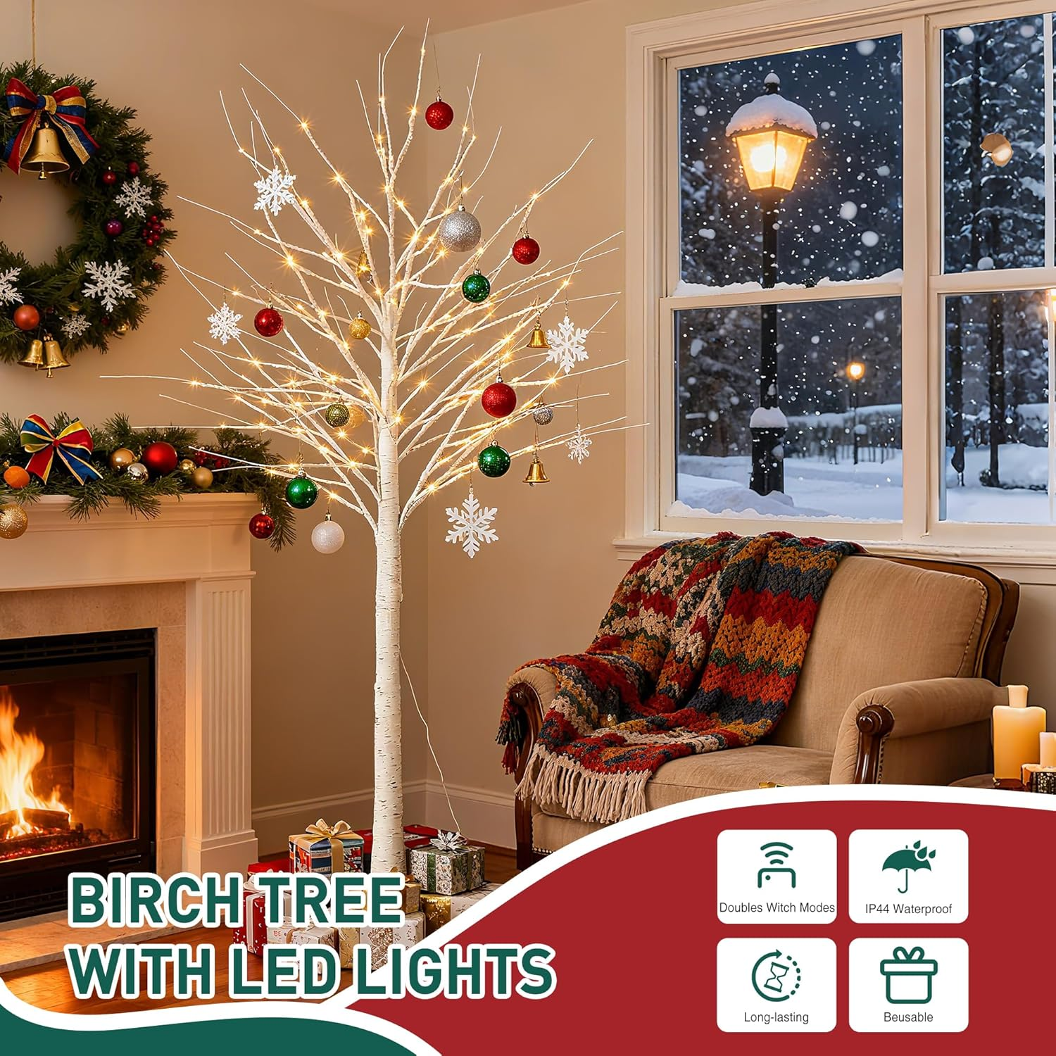 6FT Lighted Birch Tree - 152 LED Warm White Lights, DIY Branches, Remote Control & 8 Flash Modes