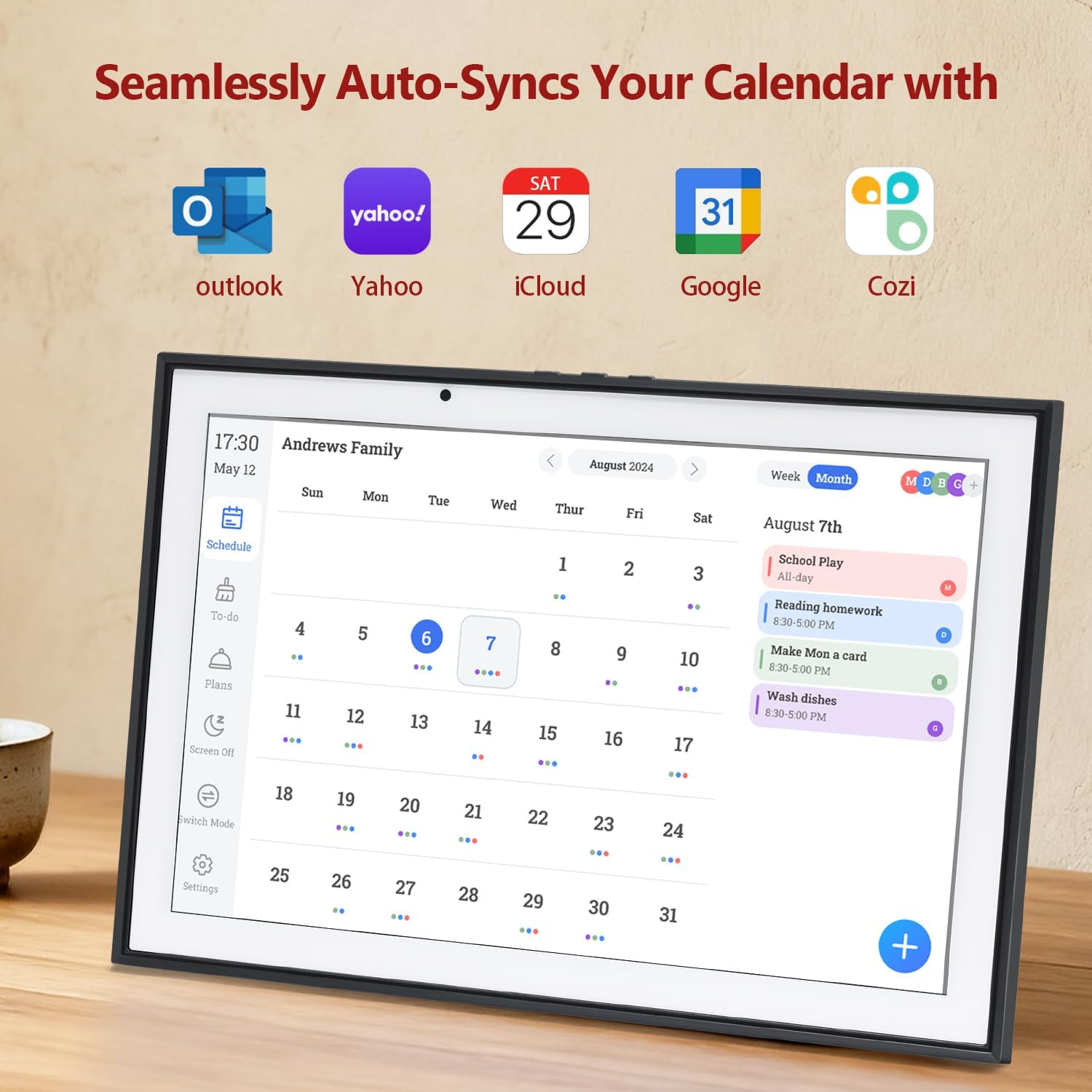 Smart Digital Family Calendar - WiFi Sync, Chore Chart, Meal Planner & Photo Frame with Free App