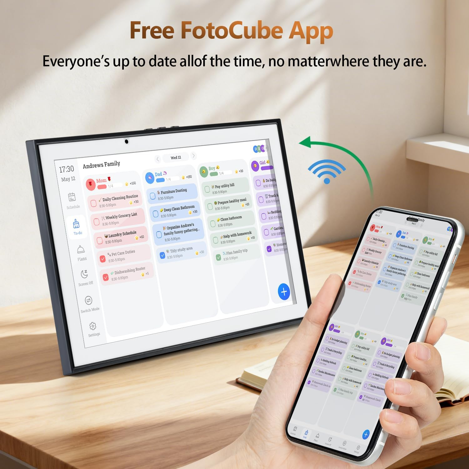 Smart Digital Family Calendar - WiFi Sync, Chore Chart, Meal Planner & Photo Frame with Free App