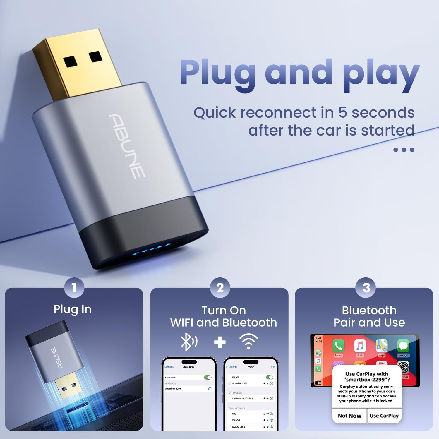 Wireless CarPlay Adapter - USB Dongle for Wired CarPlay & Android AutoUNE | Plug & Play 5-Second Connect