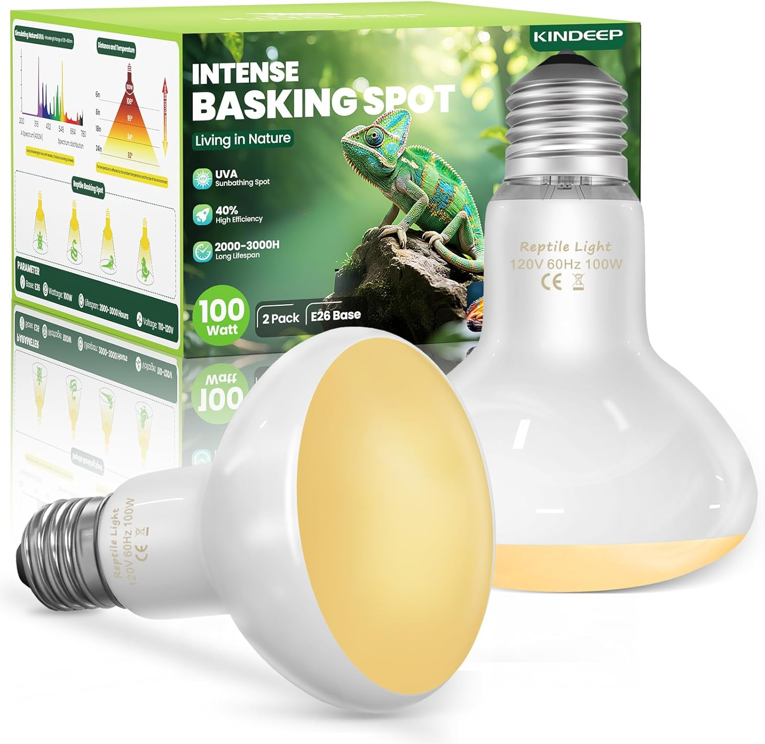 100W Reptile Heat Lamp Bulbs 2-Pack - 2700K Basking Spot Light, 3000H Lifespan, E26 Base
