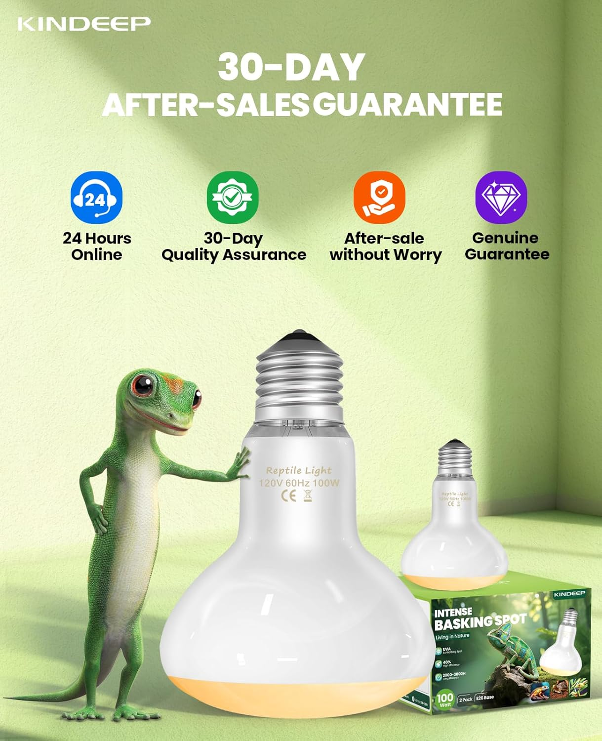 100W Reptile Heat Lamp Bulbs 2-Pack - 2700K Basking Spot Light, 3000H Lifespan, E26 Base