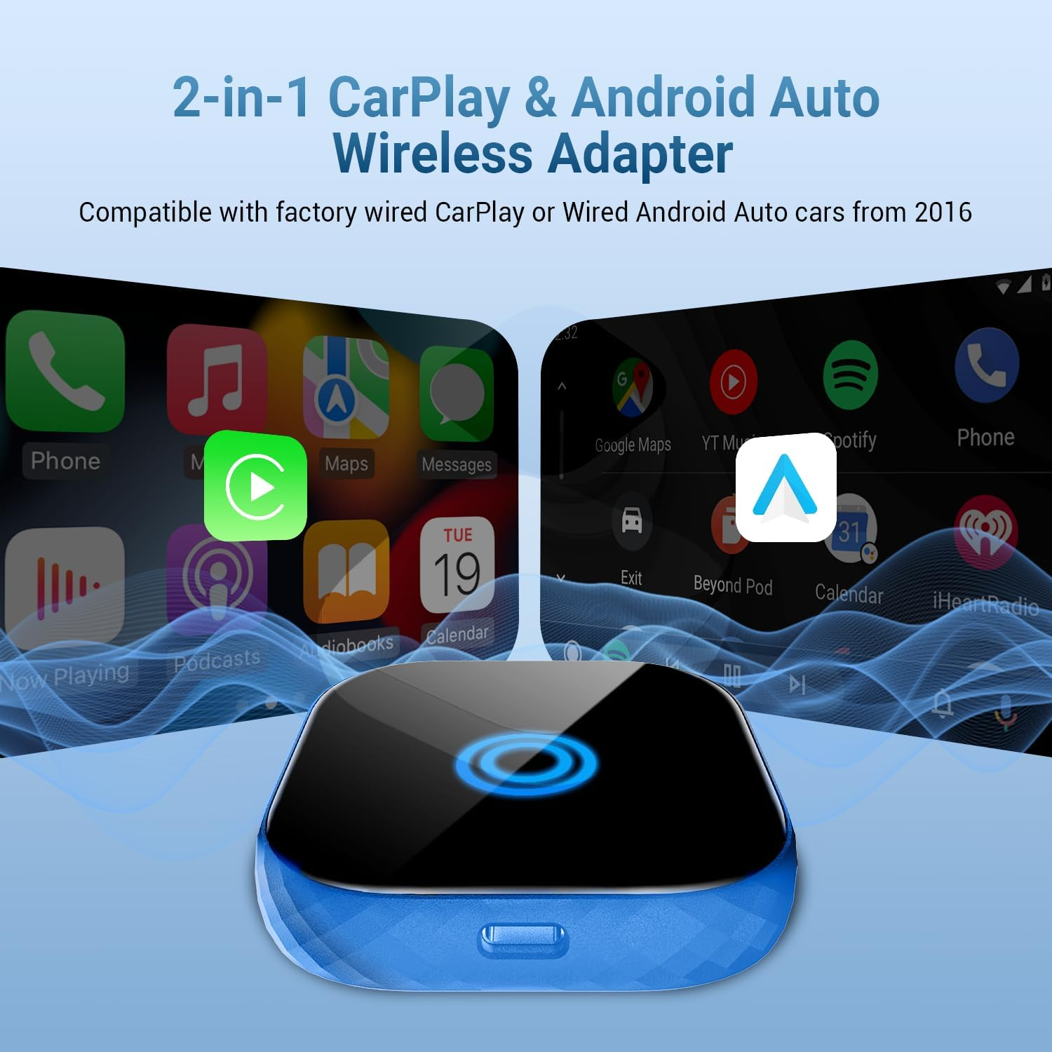 2-in-1 Wireless CarPlay & Android Auto Adapter - Plug & Play USB Dongle for Factory Wired Cars 2016+