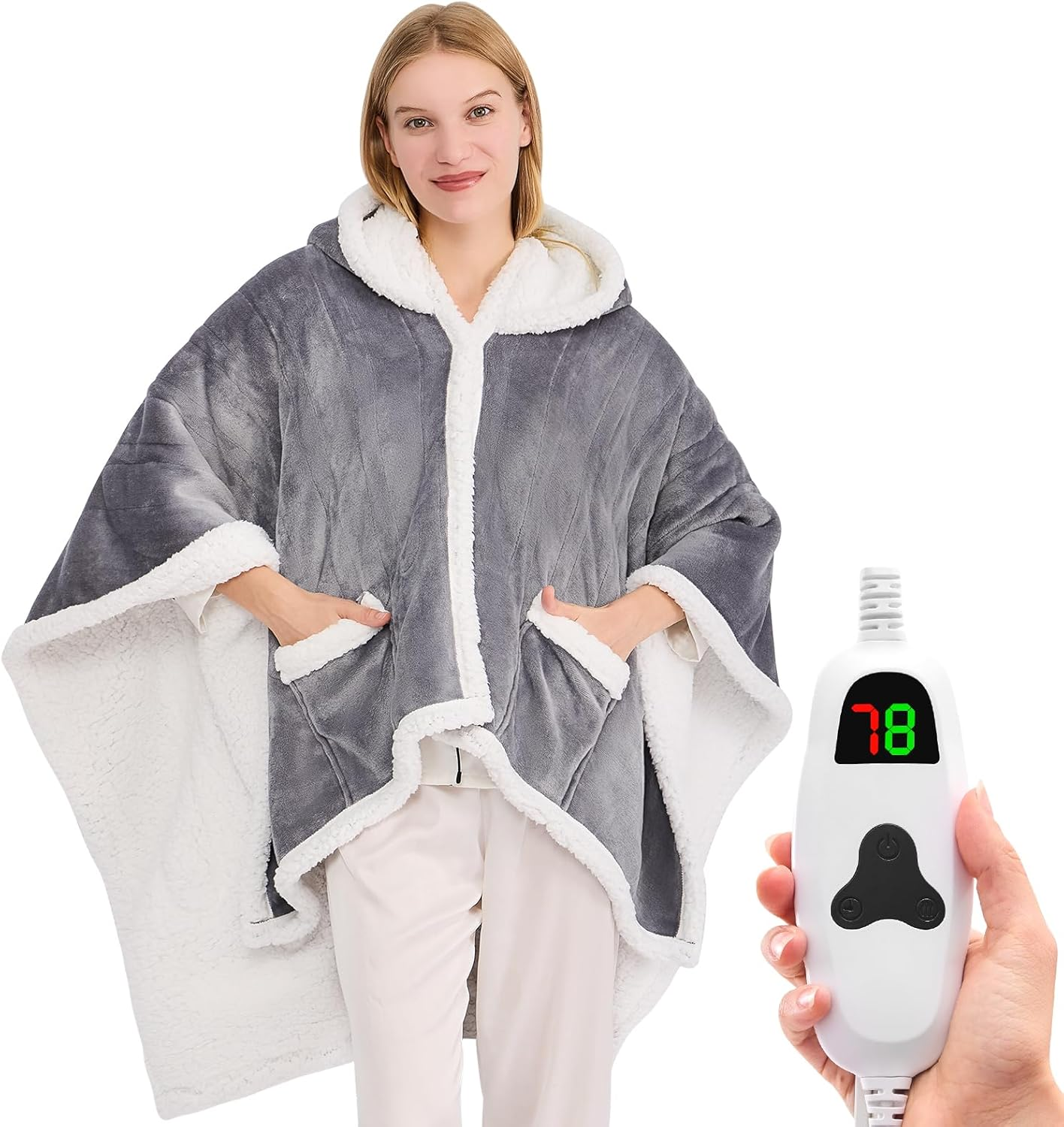 Heated Wearable Blanket Hoodie - Electric Sherpa with 10 Heat Levels, 5 Timer Settings & Auto Shut-Off