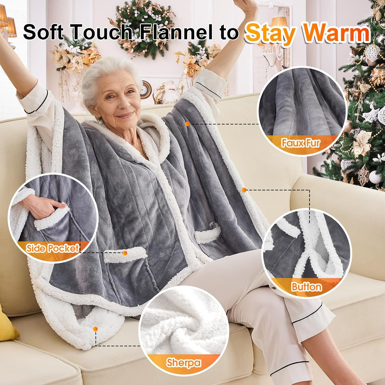 Heated Wearable Blanket Hoodie - Electric Sherpa with 10 Heat Levels, 5 Timer Settings & Auto Shut-Off