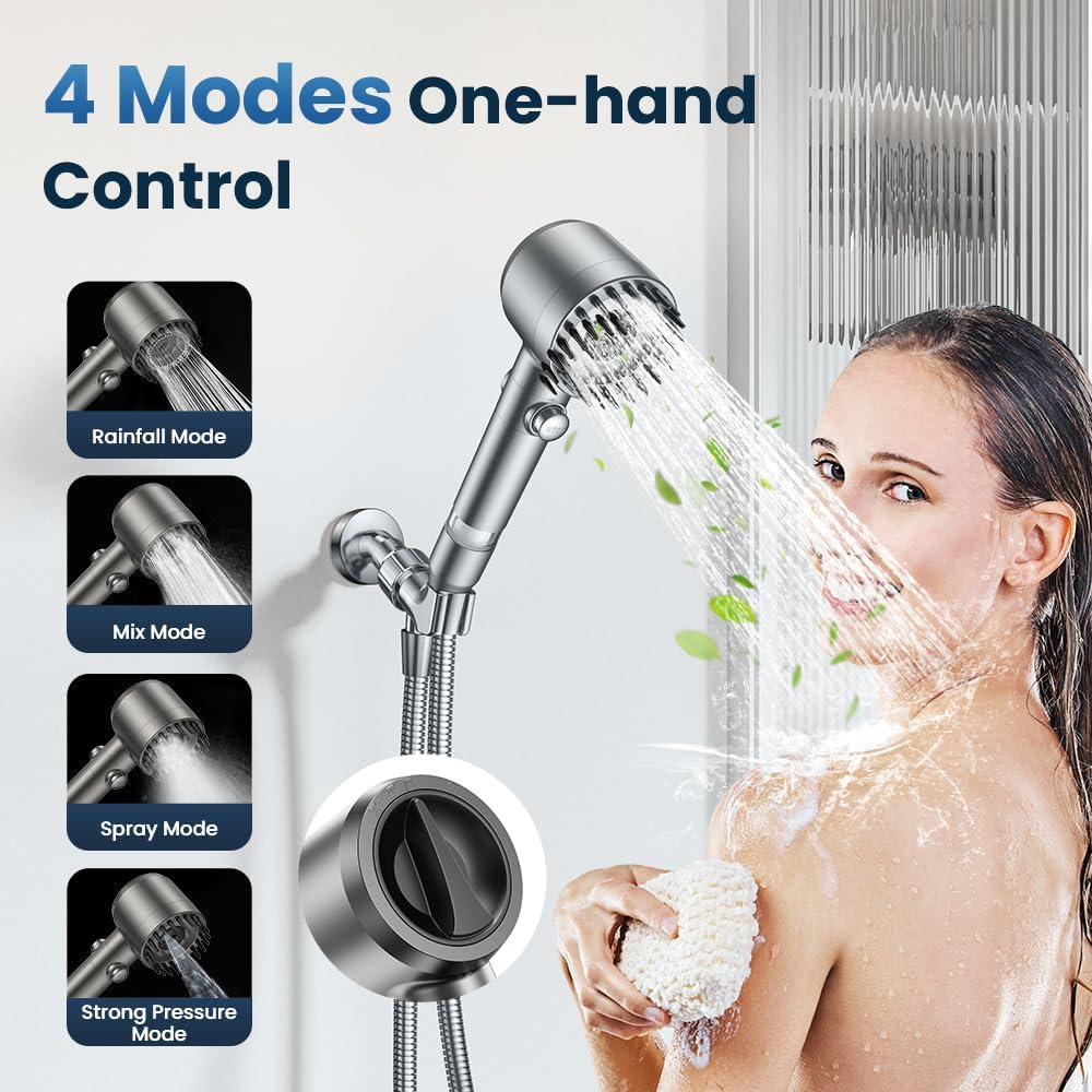 High Pressure Filtered Shower Head - 4 Spray Modes with Multi-Layer Filtration & Pause Button