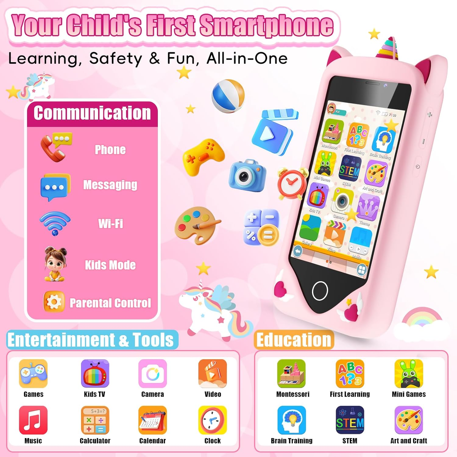 Kids Smartphone - Educational Learning Phone with 200+ Games, WiFi, Camera & Parental Controls