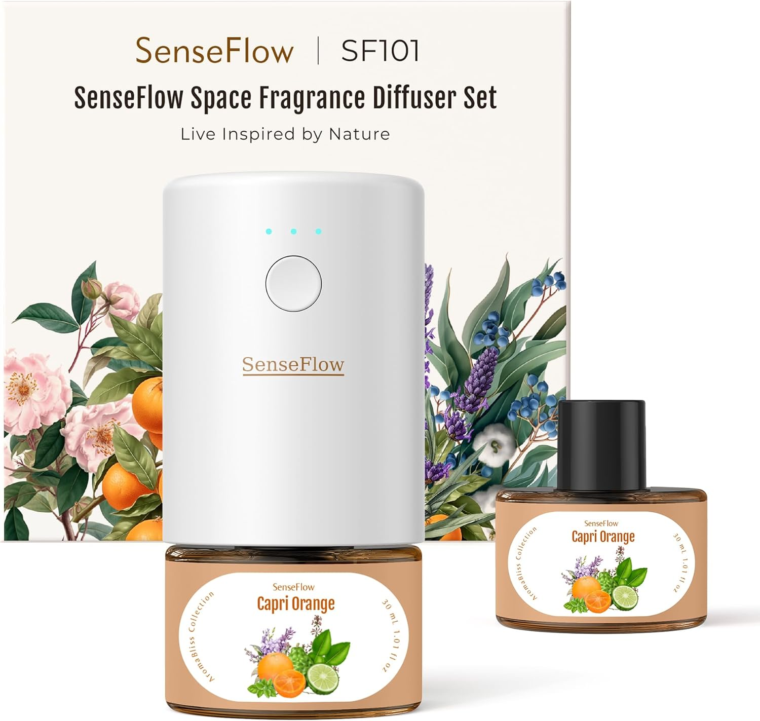 SenseFlow Space Fragrance Diffuser Set - Capri Orange Essential Oil with 120-Day Refill & Night Light