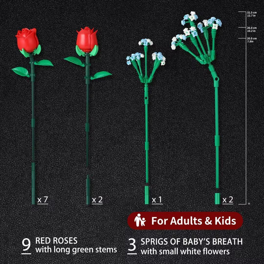 SMIDDLE Rose Bouquet Building Set - 9 Red Roses & Baby's Breath Flower Building Kit (1003 Pieces)