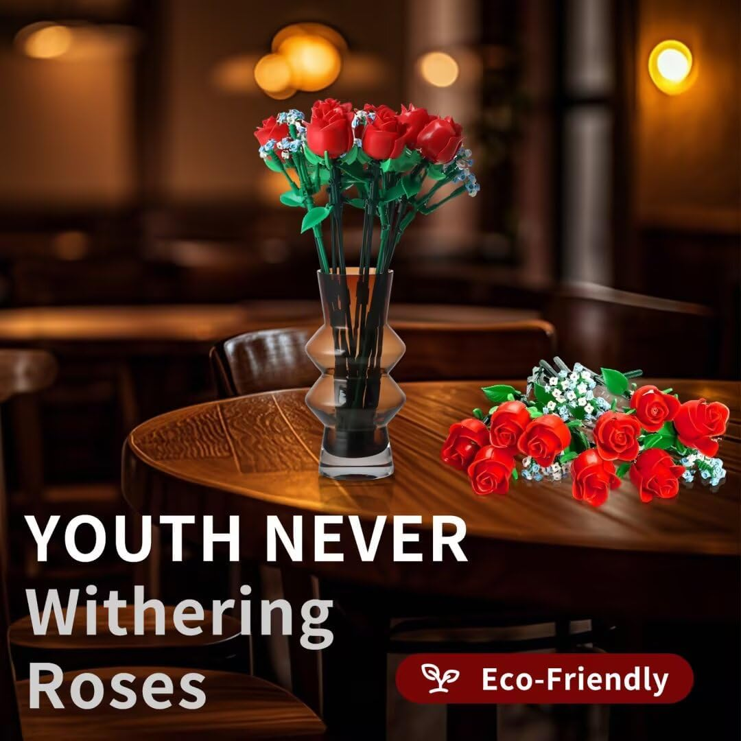 SMIDDLE Rose Bouquet Building Set - 9 Red Roses & Baby's Breath Flower Building Kit (1003 Pieces)