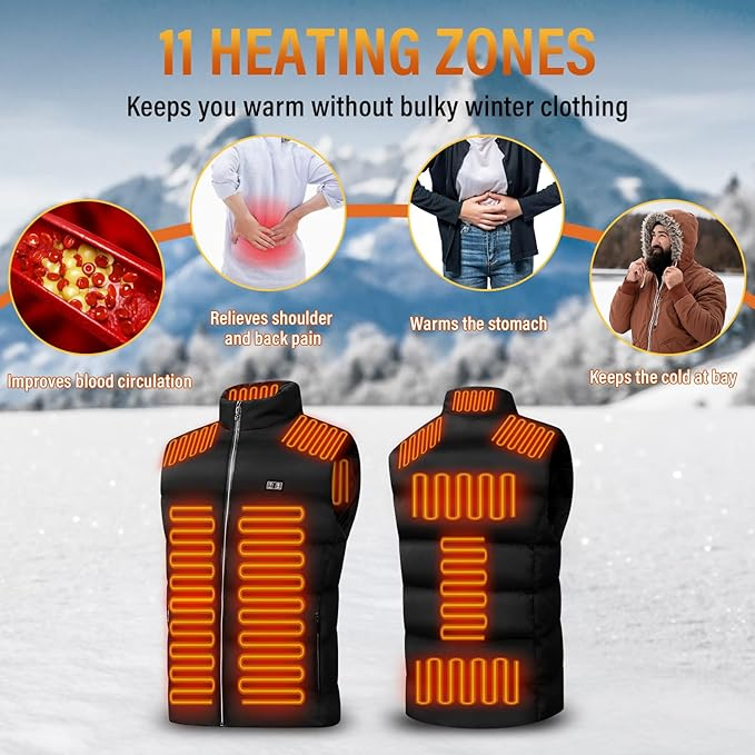 Heated Vest - Electric Warming Vest with 11 Heating Zones, 6 Temperature Levels & USB/DC Charging