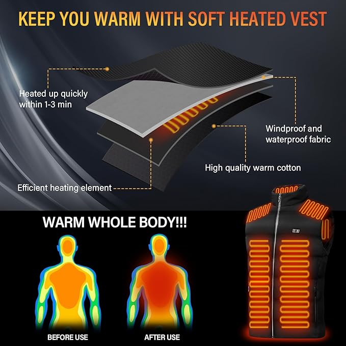 Heated Vest - Electric Warming Vest with 11 Heating Zones, 6 Temperature Levels & USB/DC Charging