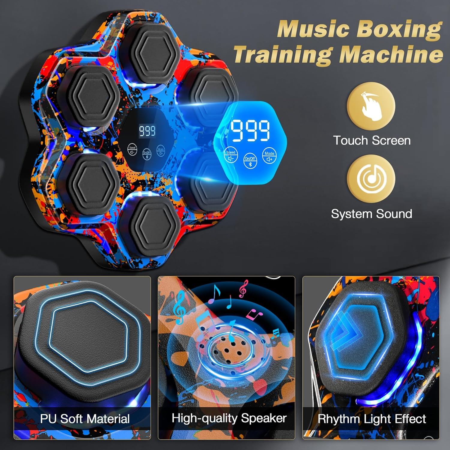 Smart Music Boxing Machine - Bluetooth Wall-Mounted Trainer with 9 Modes, 9 Speeds & LED Lights