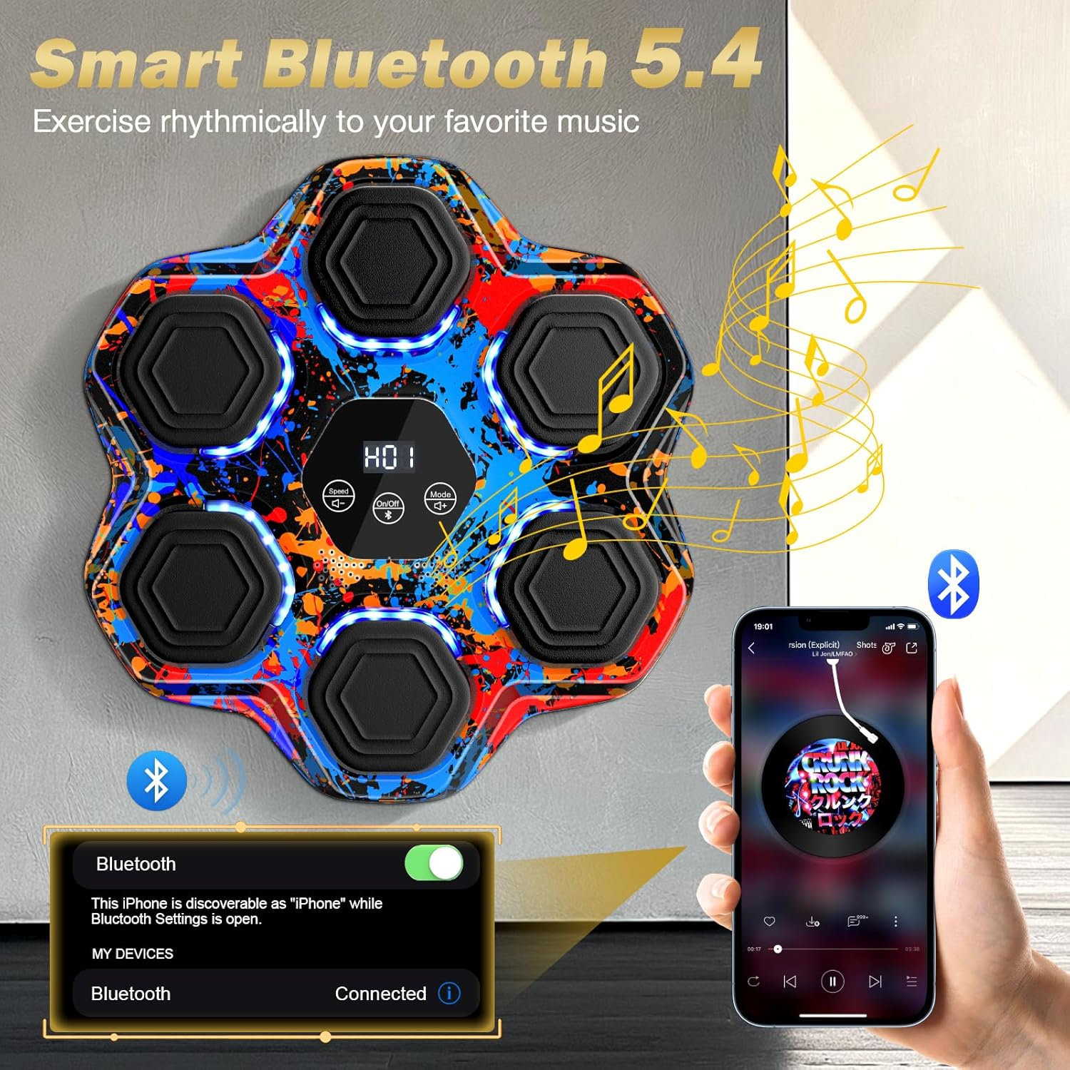 Smart Music Boxing Machine - Bluetooth Wall-Mounted Trainer with 9 Modes, 9 Speeds & LED Lights