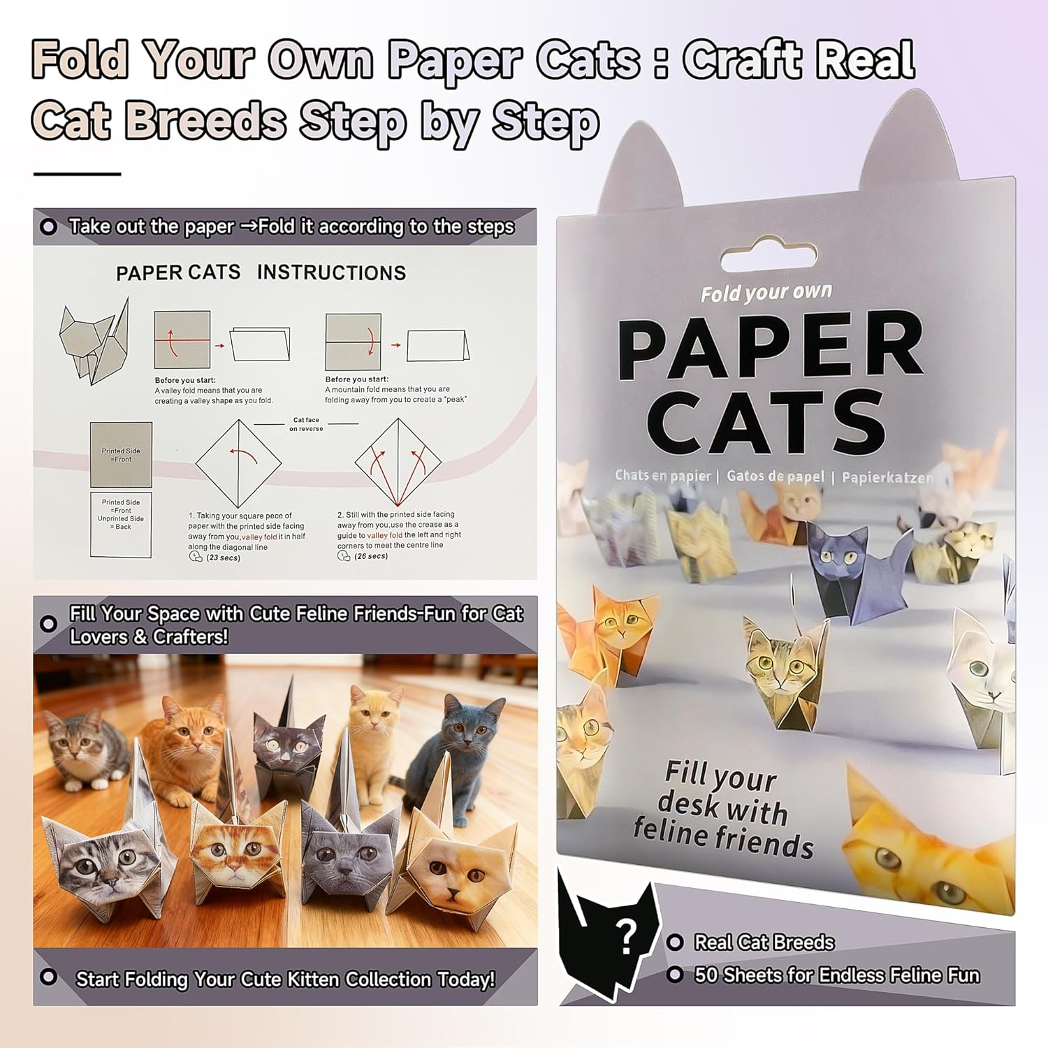 Fold Your Own Paper Cats Origami Kit - 50 Sheets Real Cat Breeds Craft Activity for Kids & Adults