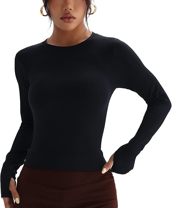 Women's Ribbed Knit Long Sleeve Sweater - Slim Fit Crew Neck Pullover Top