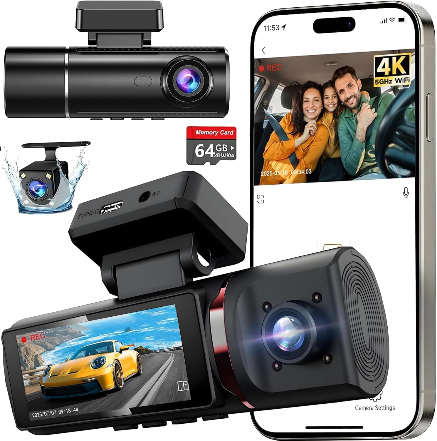 D3C16 3-Channel Dash Cam - 4K Front, Inside & Rear Camera with WiFi, Night Vision & 24H Parking Mode