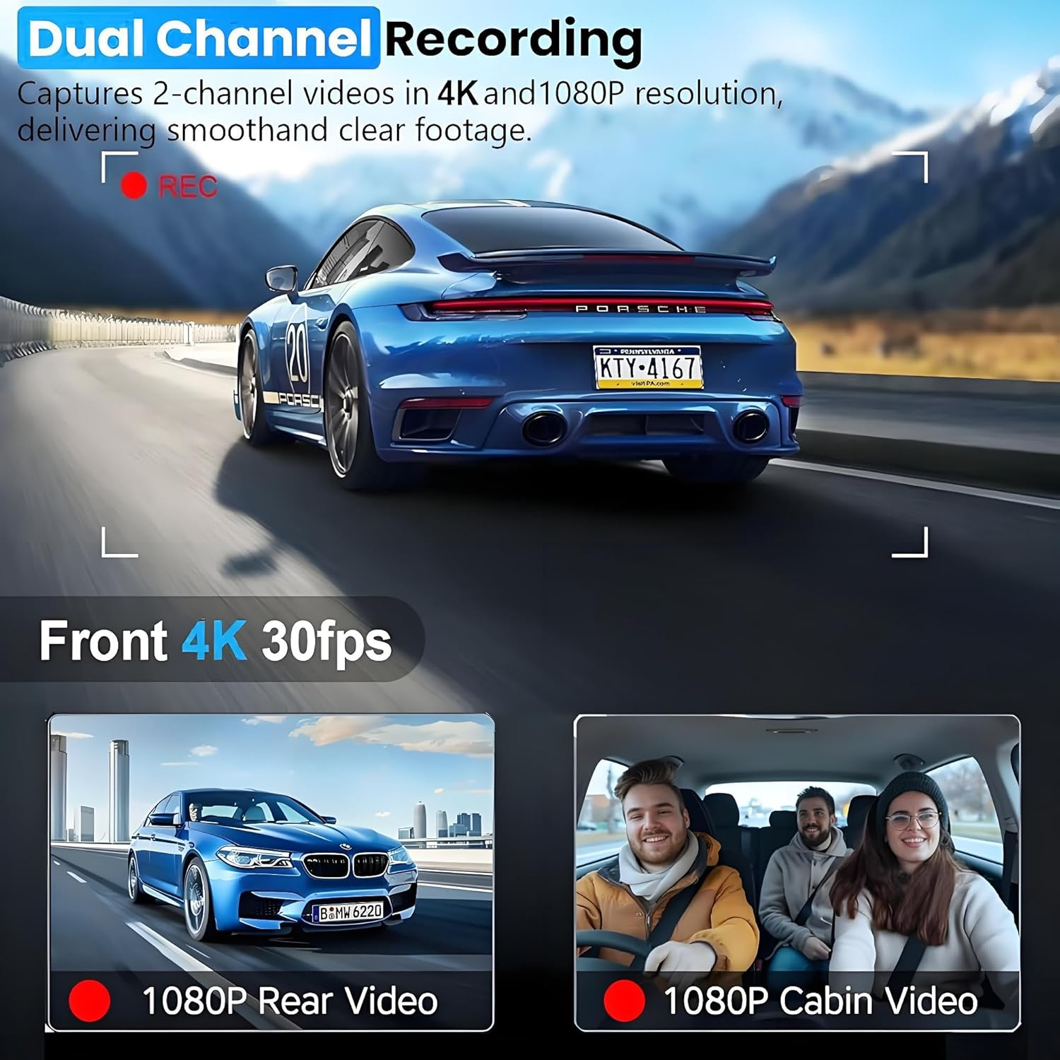 D3C16 3-Channel Dash Cam - 4K Front, Inside & Rear Camera with WiFi, Night Vision & 24H Parking Mode