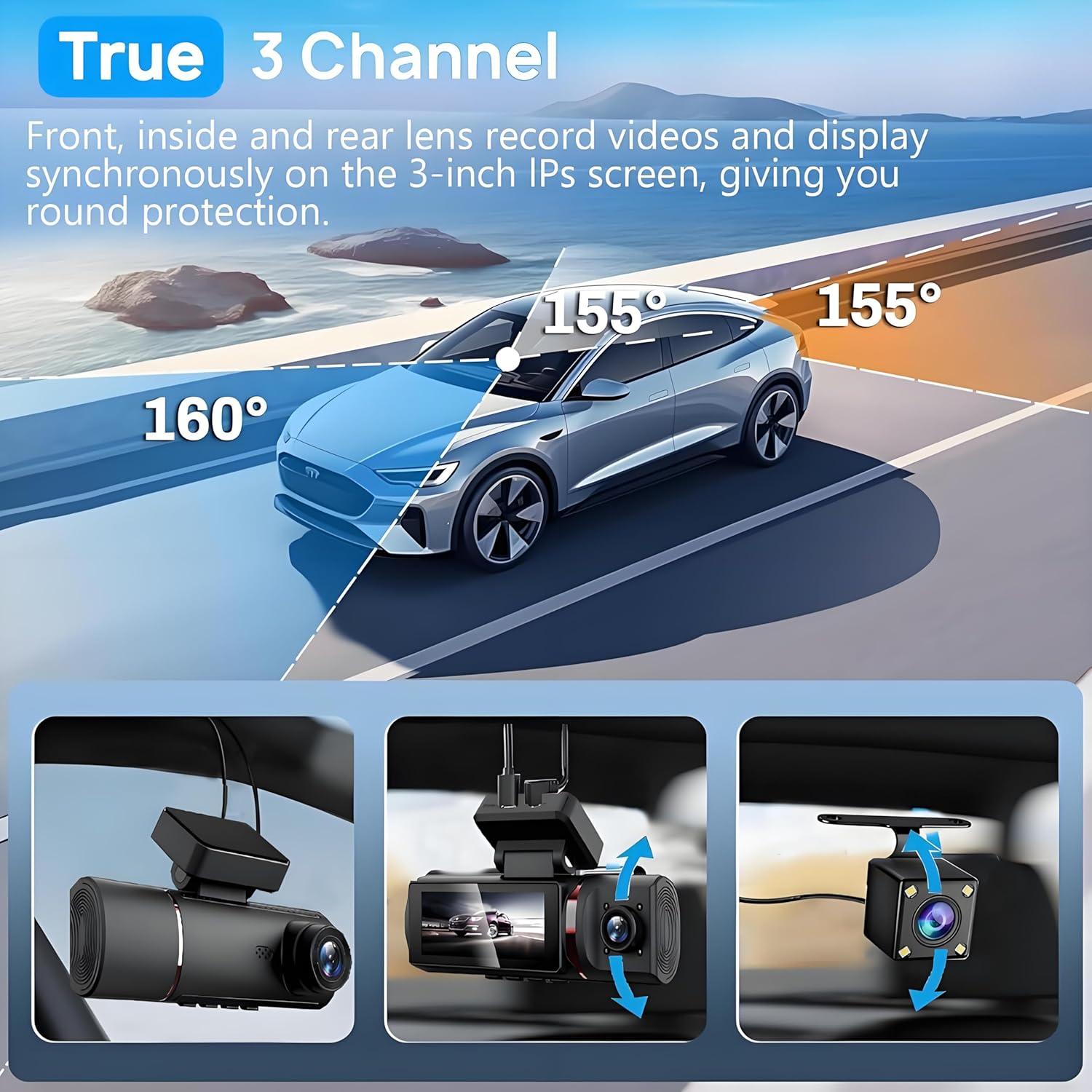 D3C16 3-Channel Dash Cam - 4K Front, Inside & Rear Camera with WiFi, Night Vision & 24H Parking Mode
