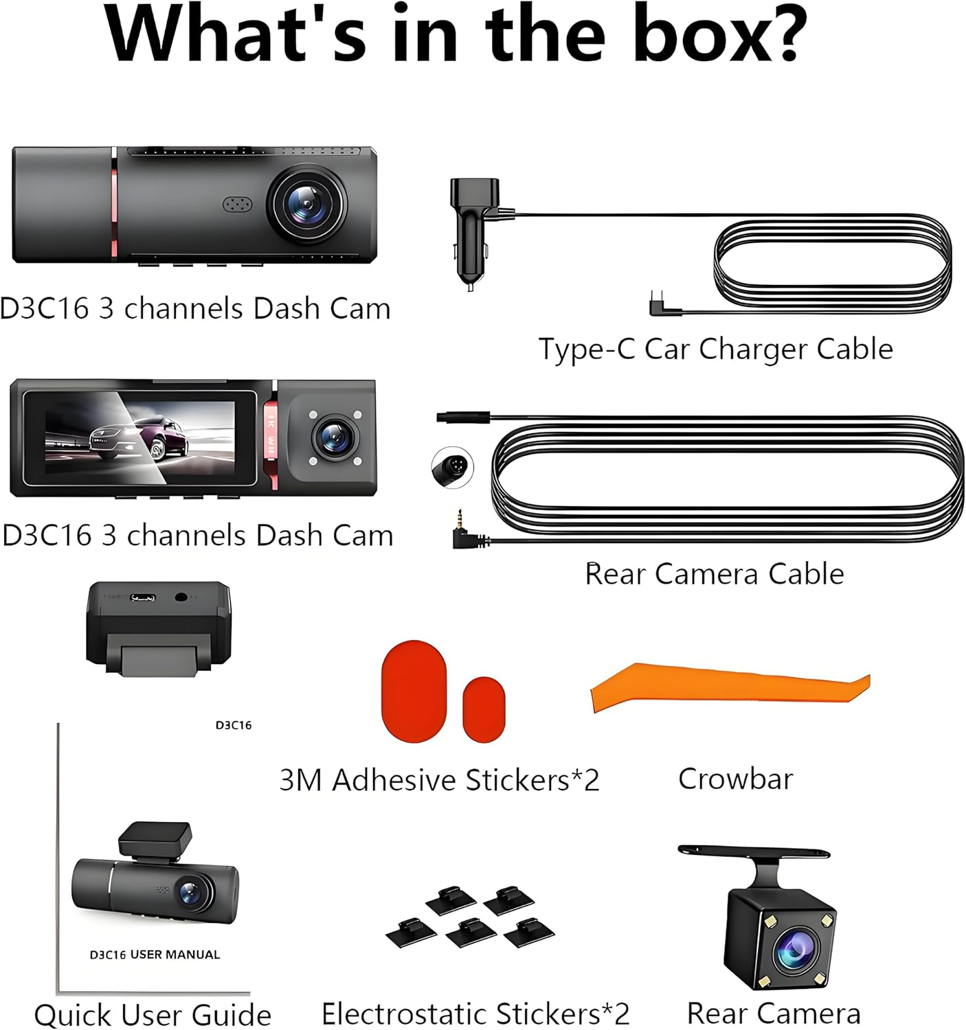 D3C16 3-Channel Dash Cam - 4K Front, Inside & Rear Camera with WiFi, Night Vision & 24H Parking Mode