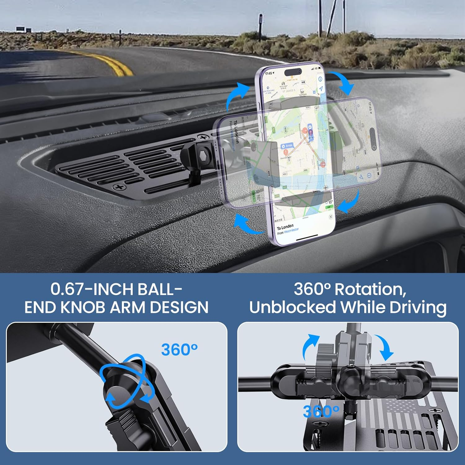 Dashboard Phone Mount for Car - 360° Adjustable Cell Phone Holder with Adhesive or Drill Installation