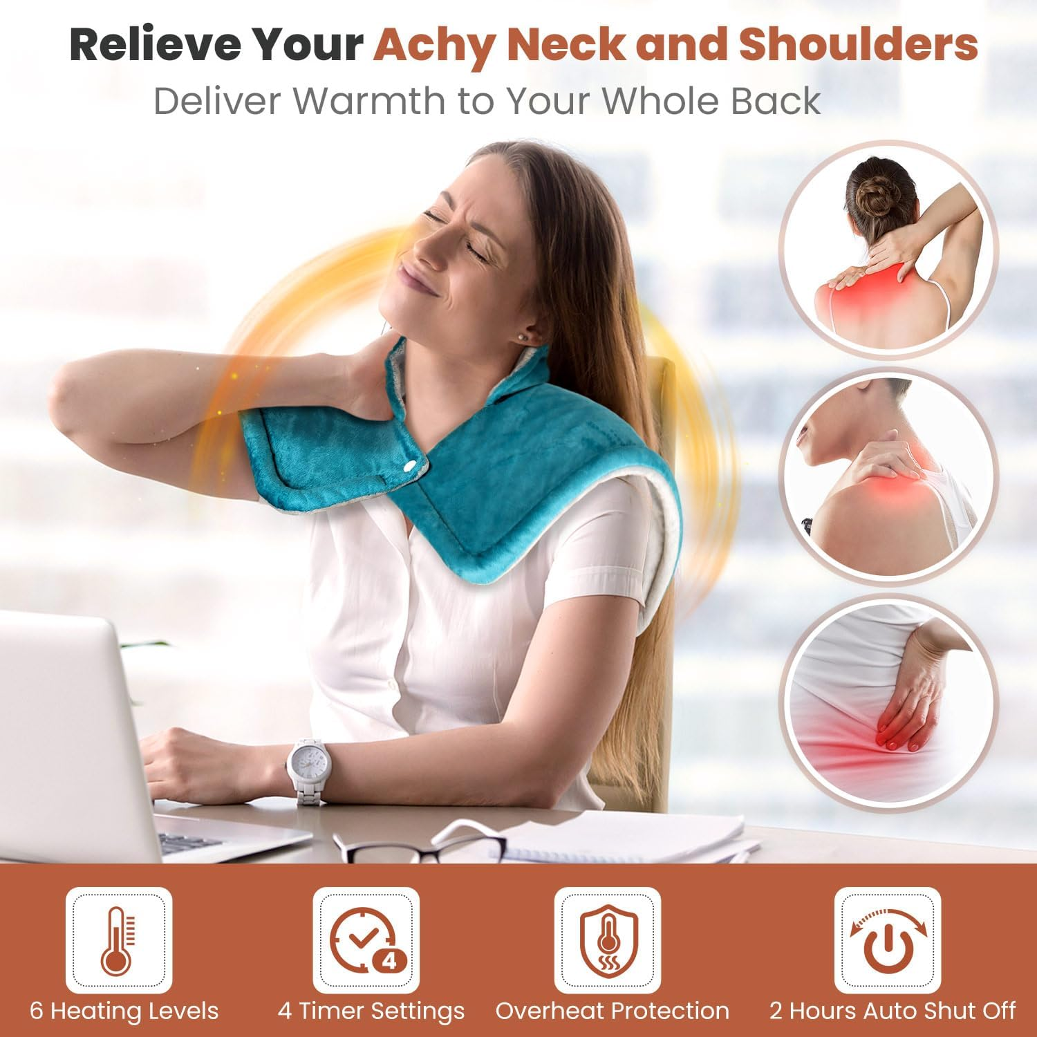 Heated Neck and Shoulder Wrap - Electric Heating Pad with 6 Heat Levels & Auto Shut-Off