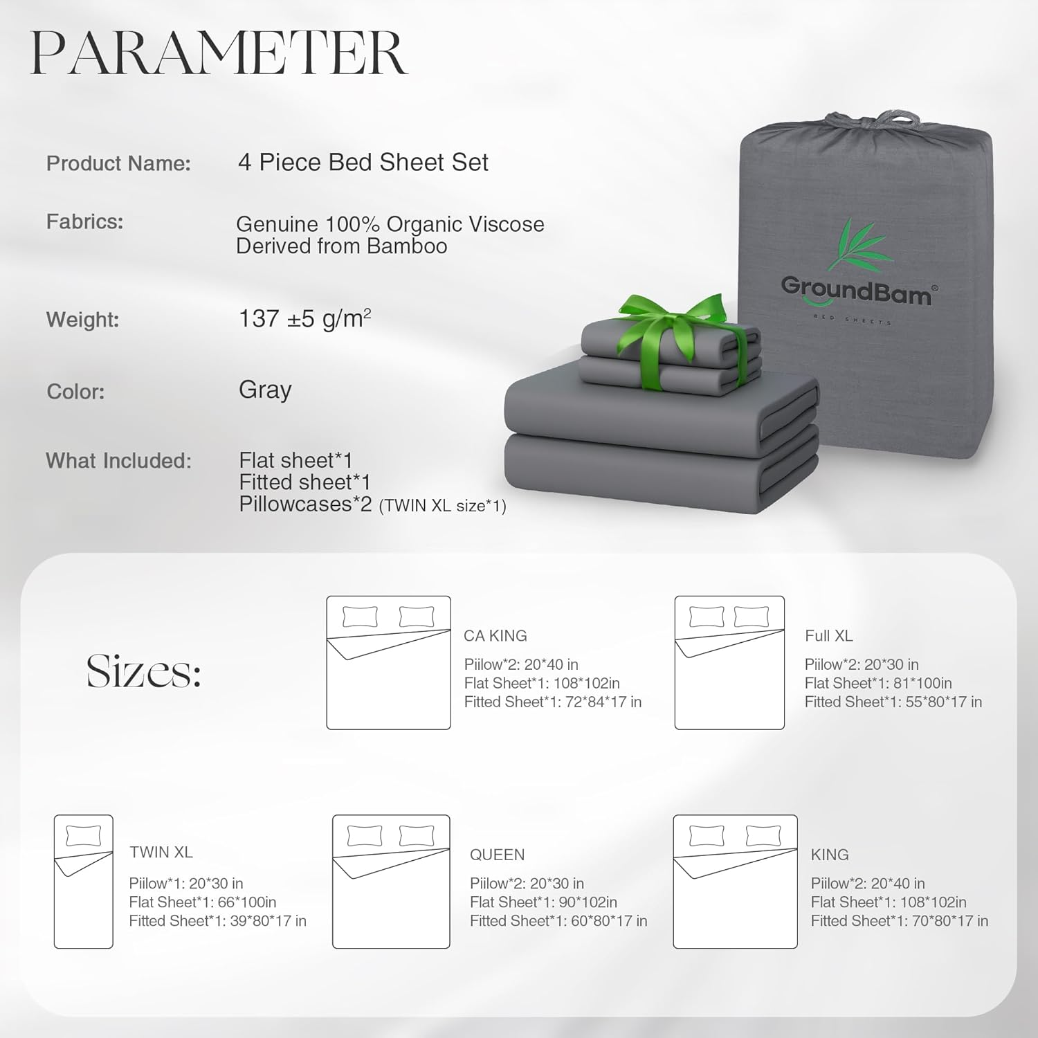 Bamboo Viscose Bed Sheet Set 4-Piece - Cooling Self-Cleaning Silver Ion Technology with Deep Pockets