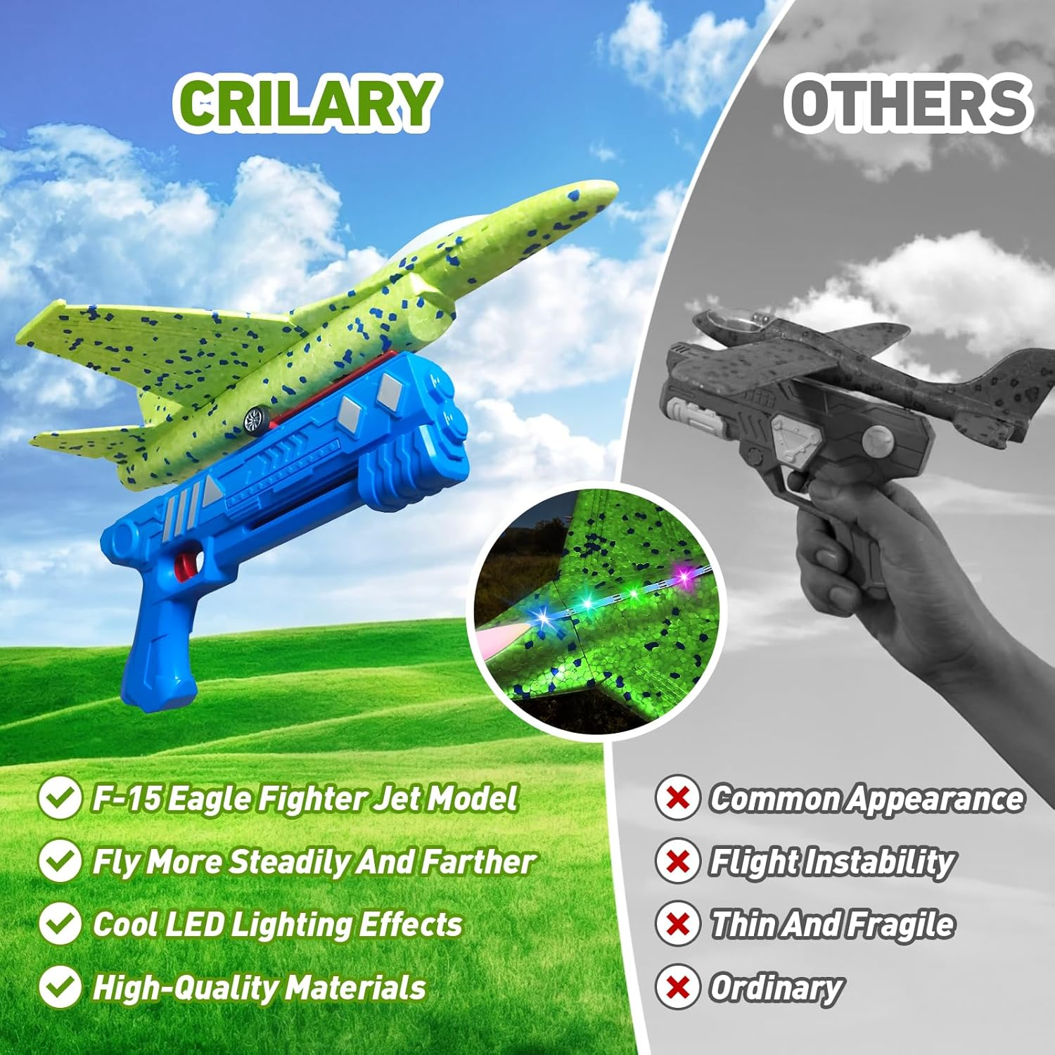 Foam Airplane Launcher Toy - 2 Flight Modes LED Glider Plane with Catapult Gun for Kids