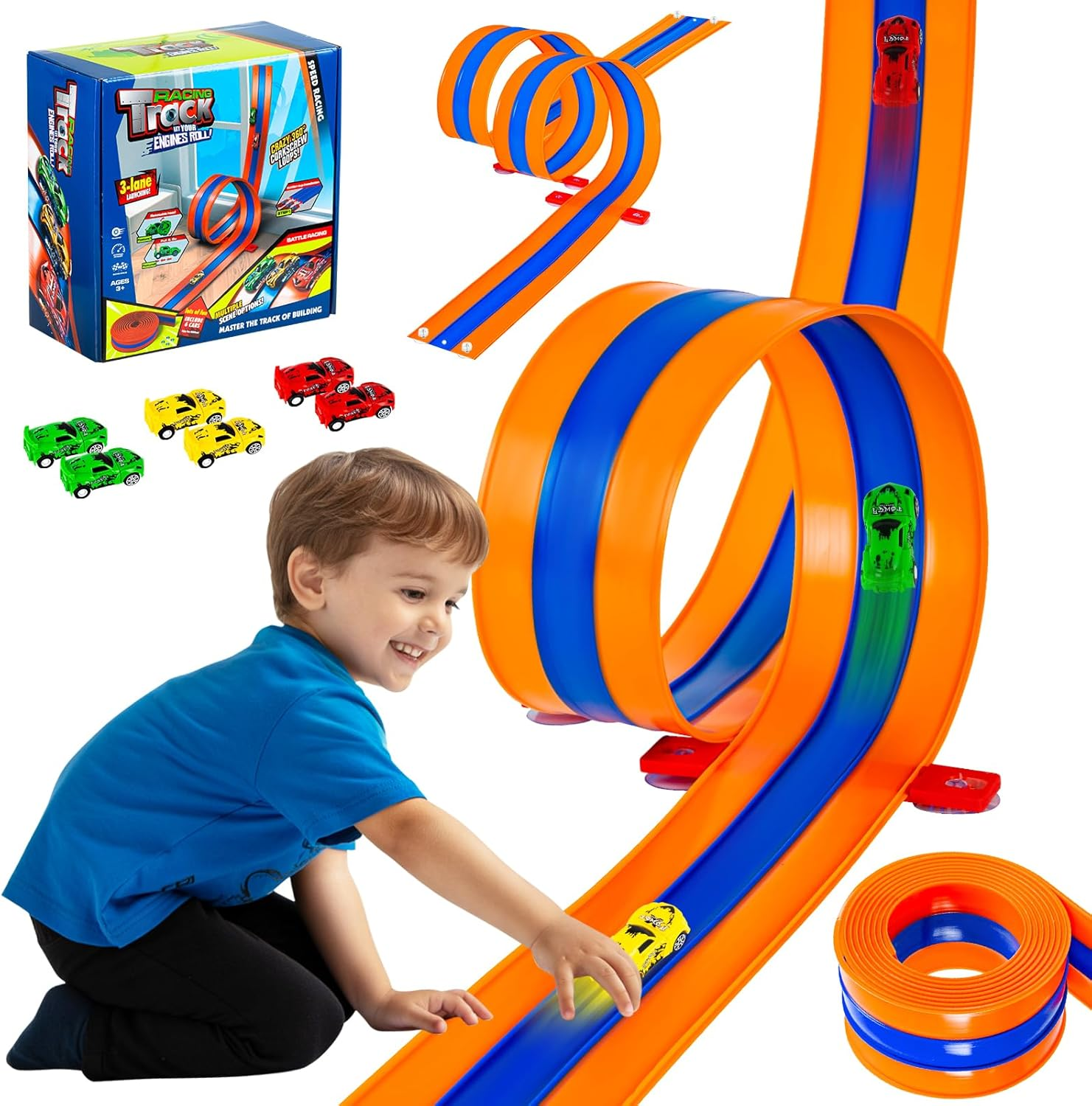 Flexible Race Track Set - 16.4ft Bendable Car Track with Pull-Back Cars & Suction Cups